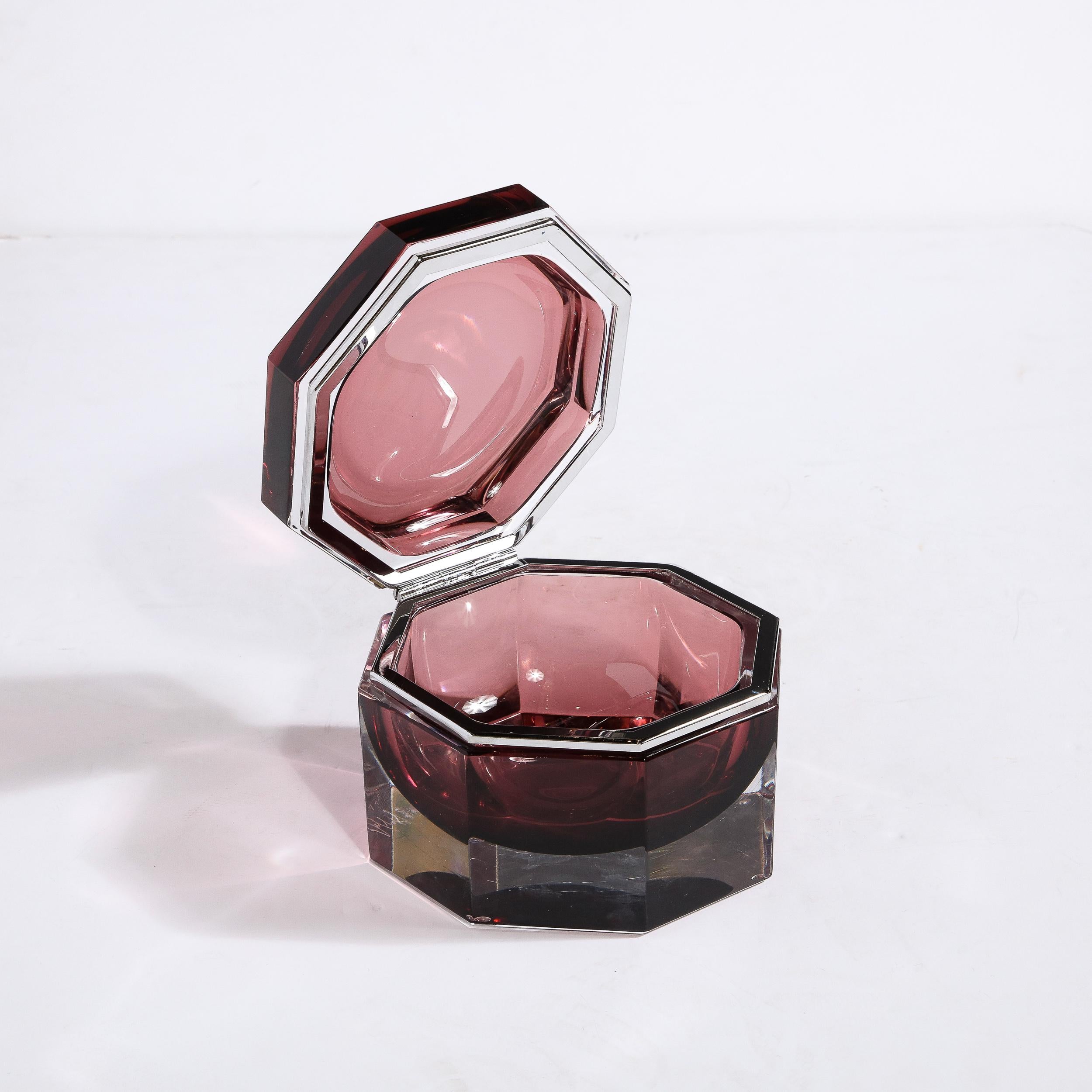 Italian Hand Blown Octagonal Murano Glass Box in Smoked Garnet For Sale