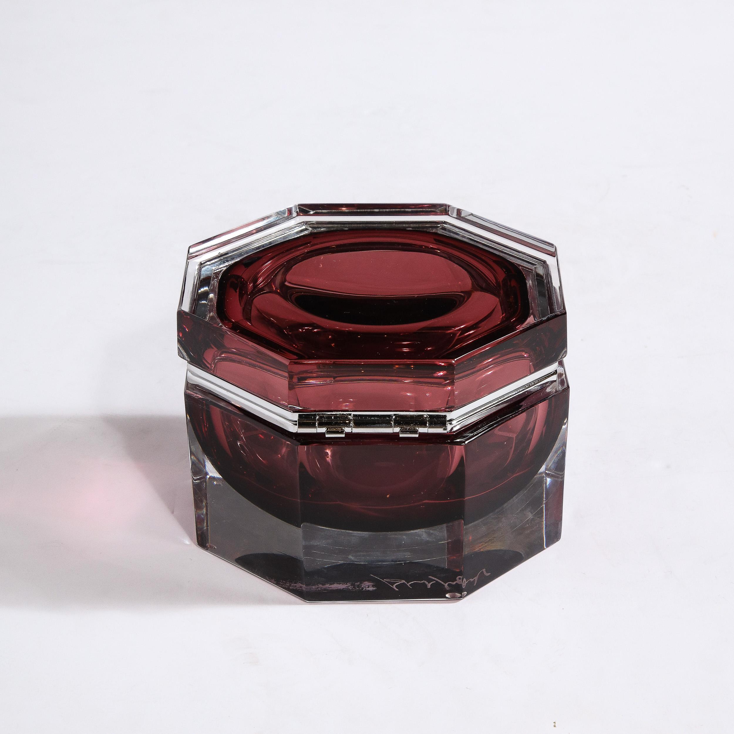 Contemporary Hand Blown Octagonal Murano Glass Box in Smoked Garnet For Sale
