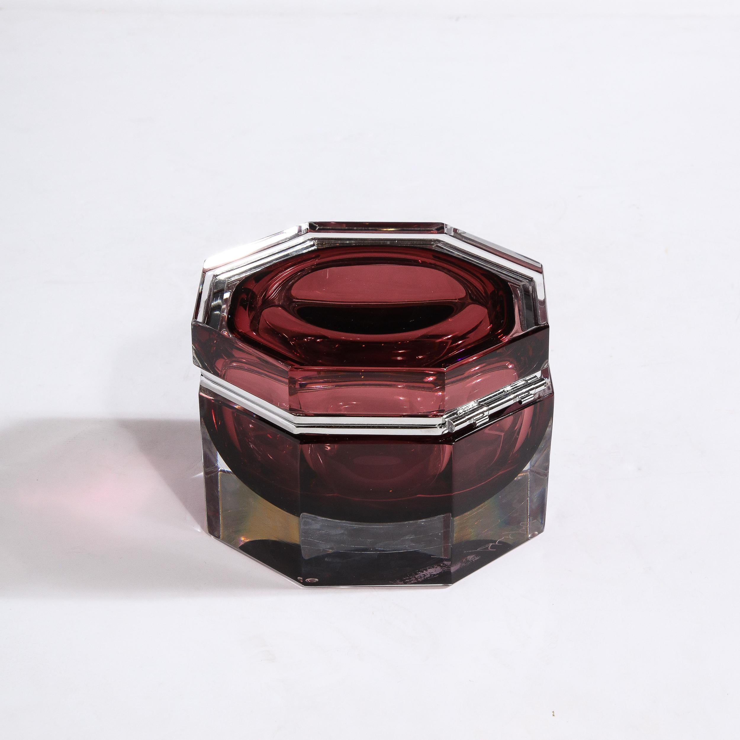 Hand Blown Octagonal Murano Glass Box in Smoked Garnet For Sale 1