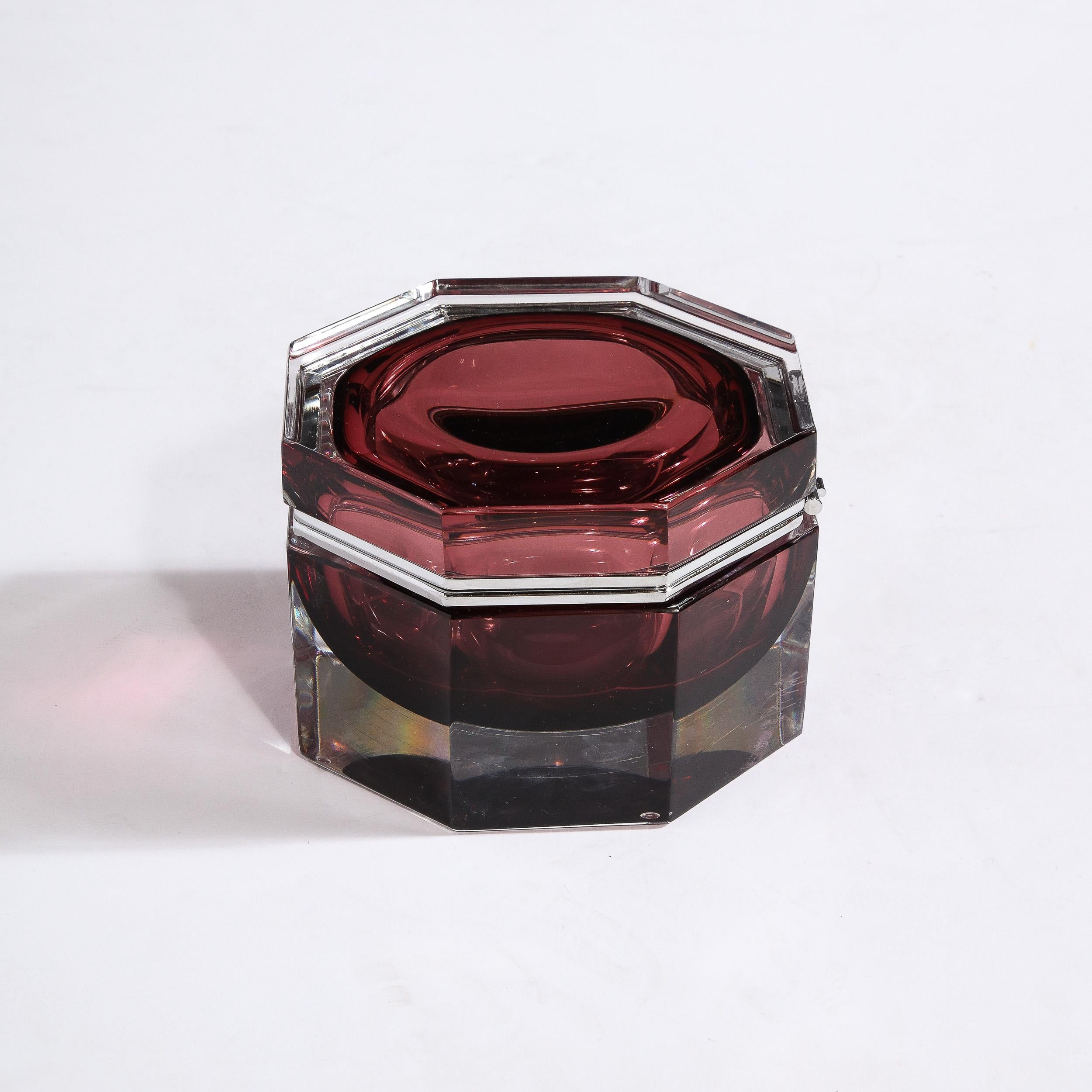 Hand Blown Octagonal Murano Glass Box in Smoked Garnet For Sale 2