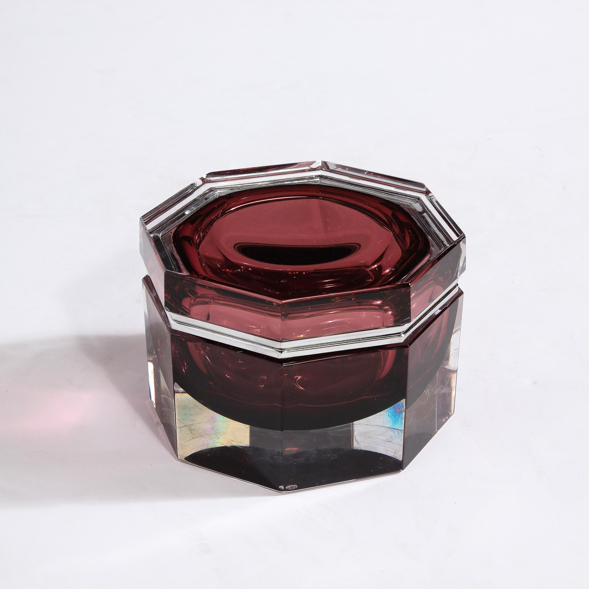 Hand Blown Octagonal Murano Glass Box in Smoked Garnet For Sale 3
