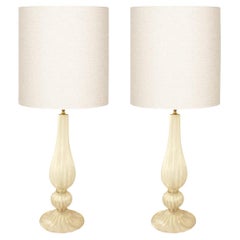 Hand-Blown Pair of Murano Pearlescent Rigadin Glass Table Lamps with Aventurina