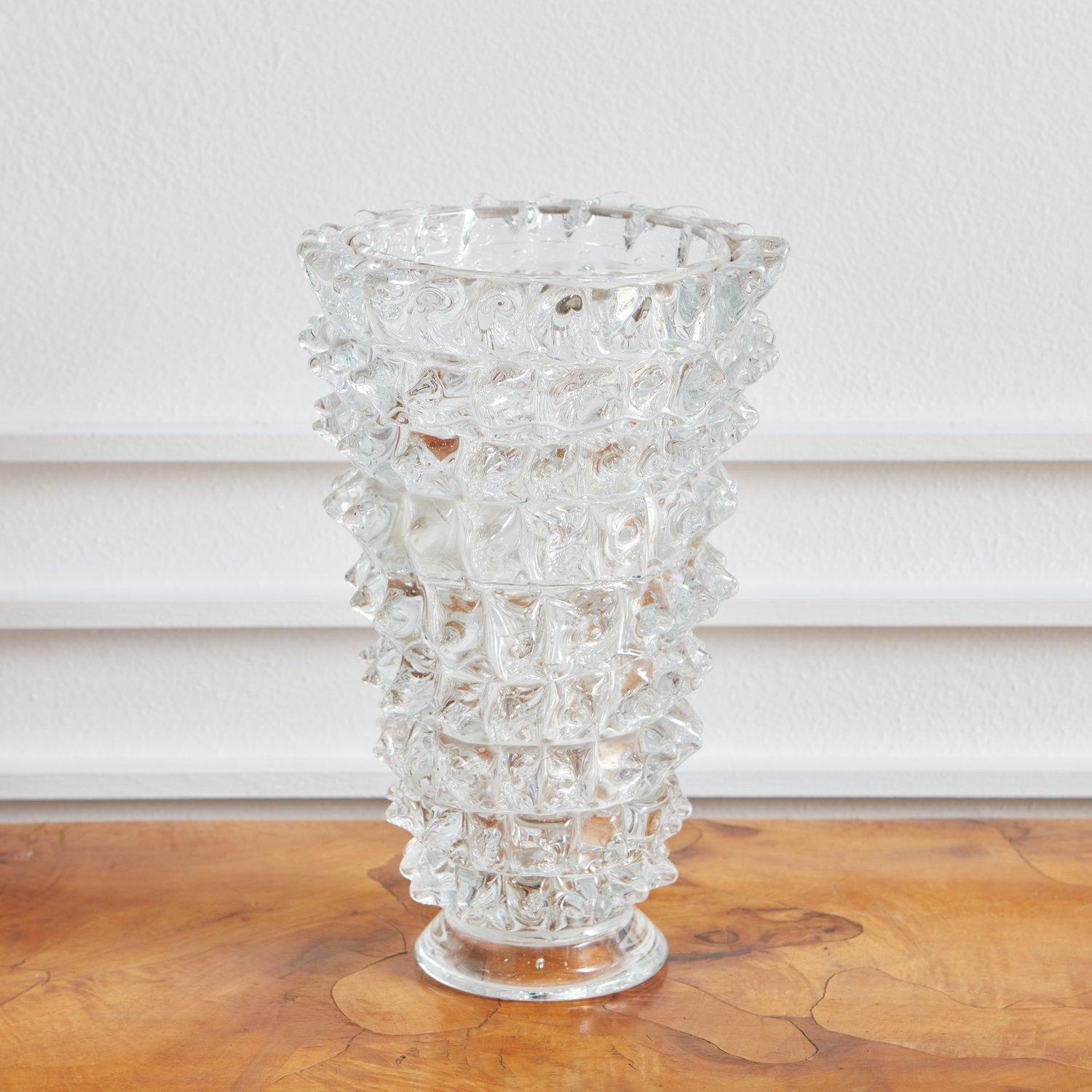 A stunning textural European vase featuring hand-blown glass in the likeness of popular rostrate style that originated with Barovier and Toso. Beautifully reflects light and is a perfect scale for a dining table, centerpiece or shelf decor. Italy,