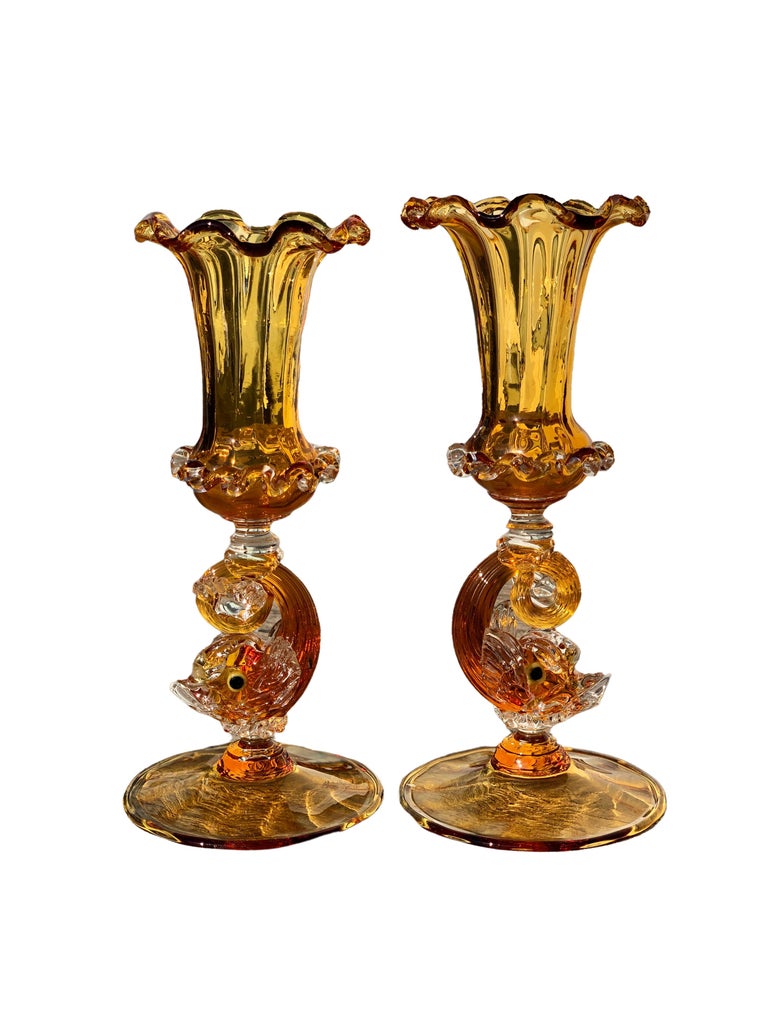 Pair of Salviati Venetian Hand Blown Candlesticks with Bobeches