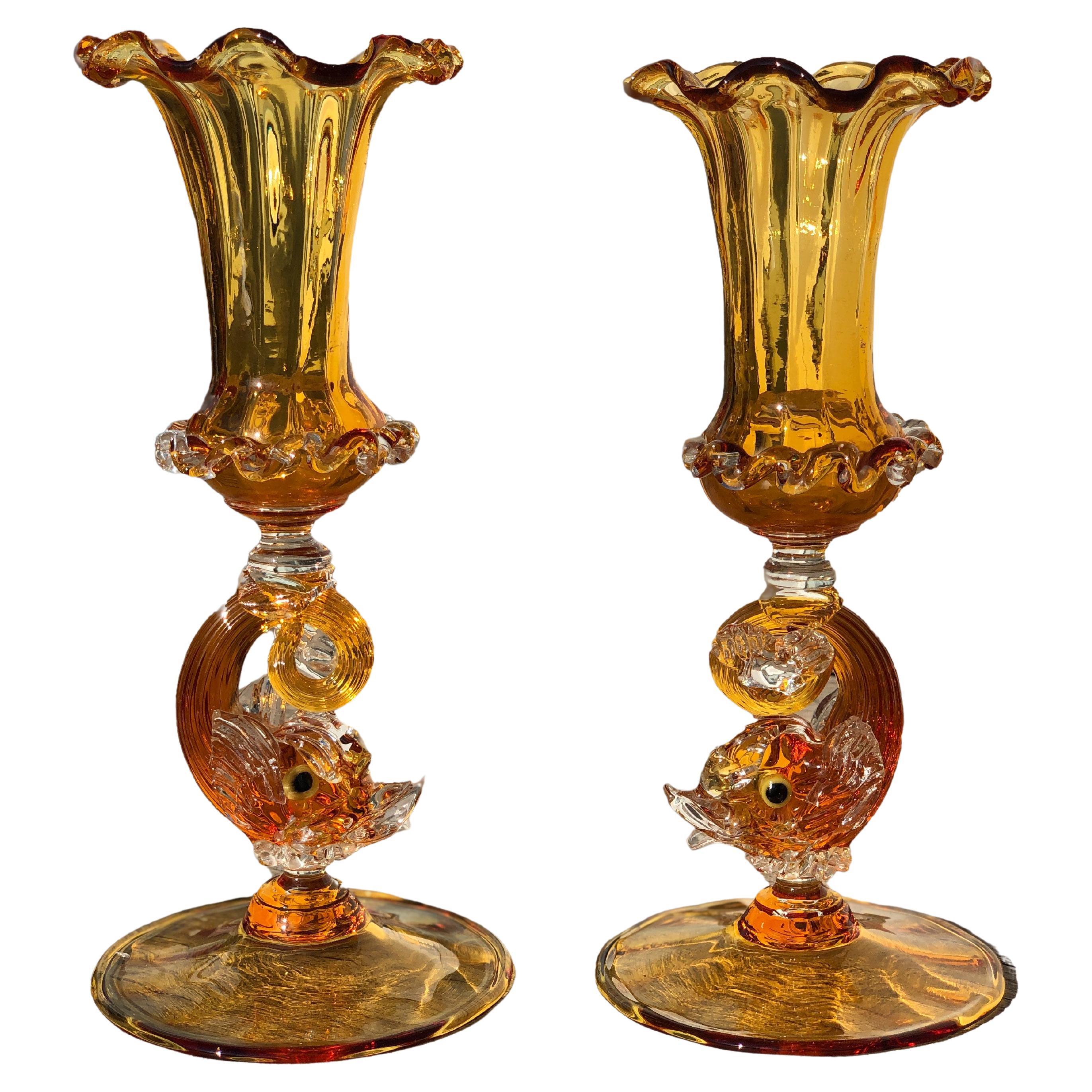 Handgeblasene venezianische figurale Salviati-Kerzenständer mit venezianischem Delphin, 2er-Set