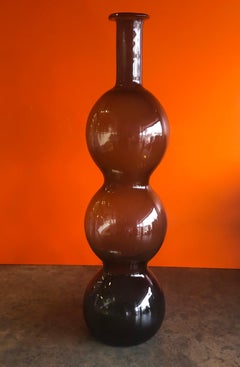 Hand Blown Smoke Grey Three Bubble Art Glass Vase in the Style of Blenko Glass