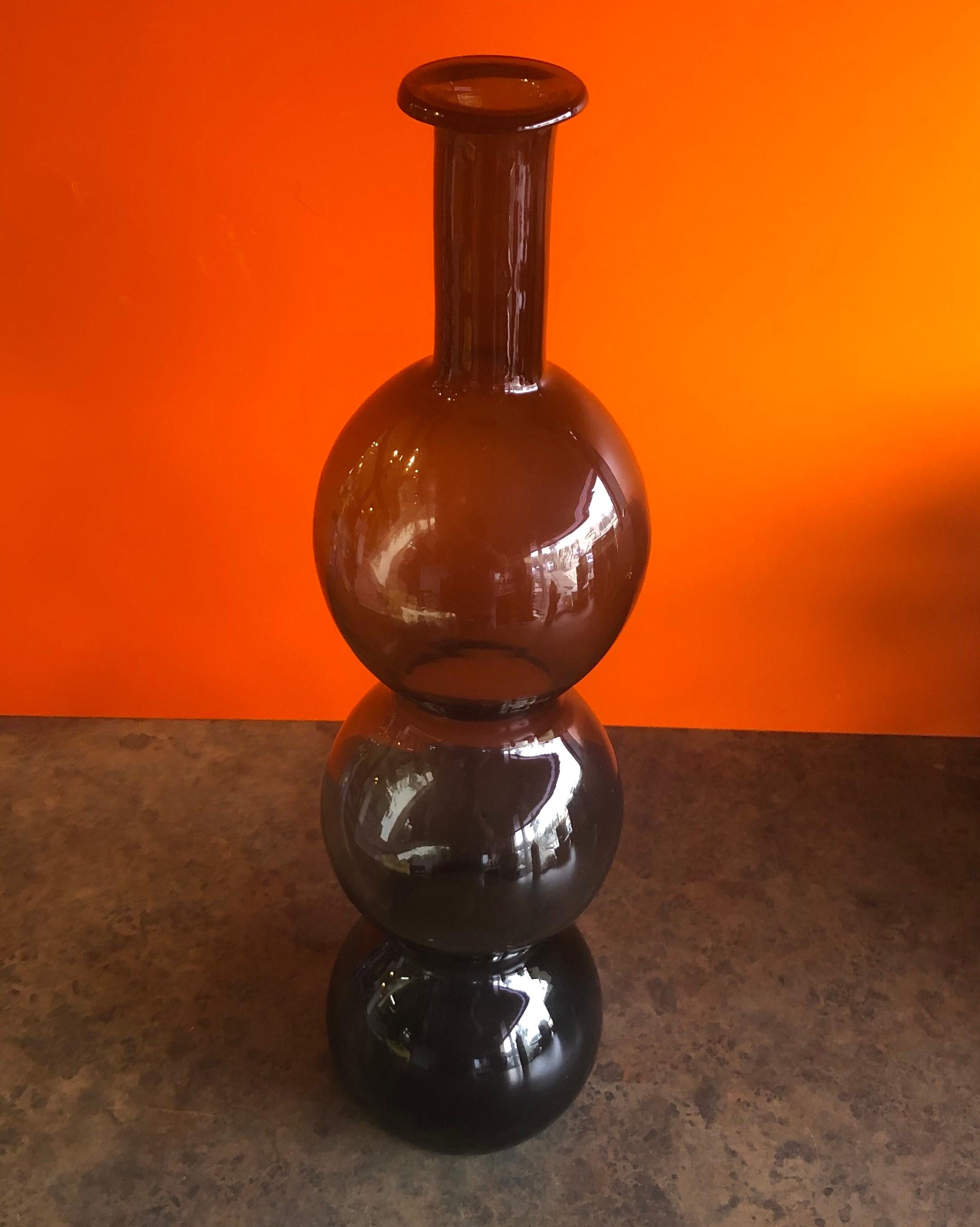 Mid-Century Modern Hand Blown Smoke Grey Three Bubble Art Glass Vase in the Style of Blenko Glass