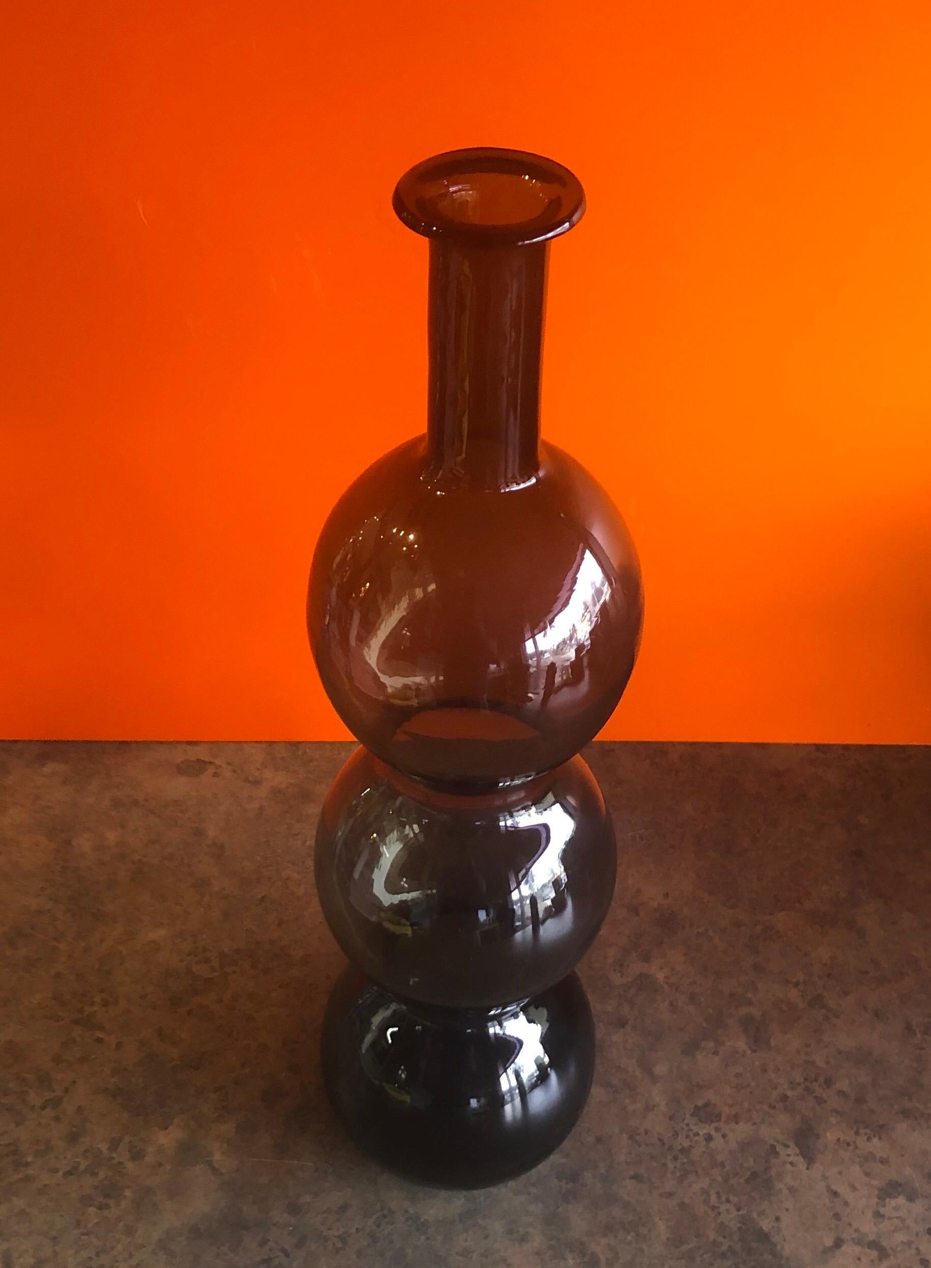 American Hand Blown Smoke Grey Three Bubble Art Glass Vase in the Style of Blenko Glass