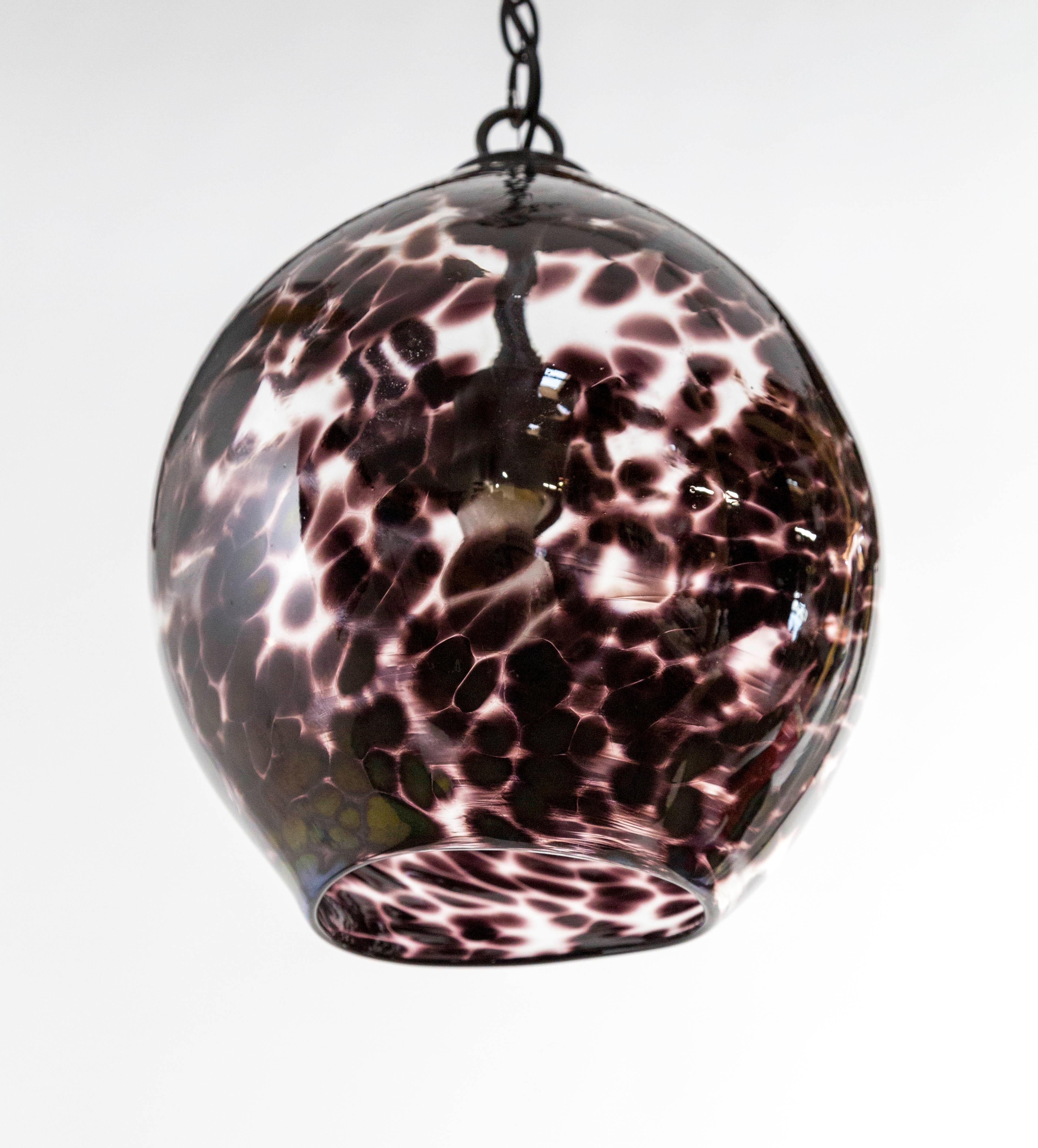 Metal Hand Blown Spotted Purple Glass Pendant Light For Sale