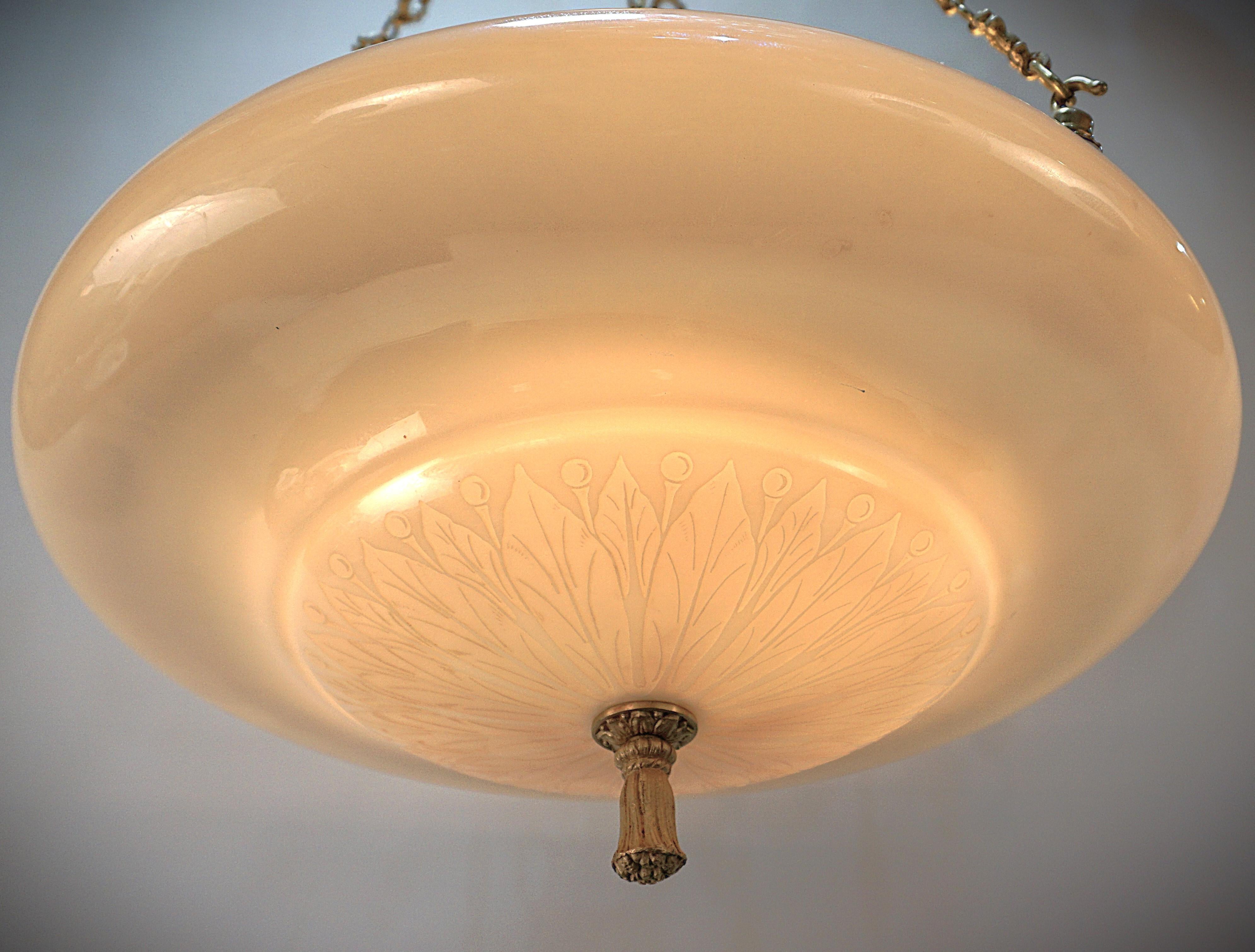 Cut Steuben Calcite in luster pearl color glass and beautiful bronze chain and hardware chandelier.
New wiring and ready for installation.
Modified with six candelabra sockets, 100 watts max each.