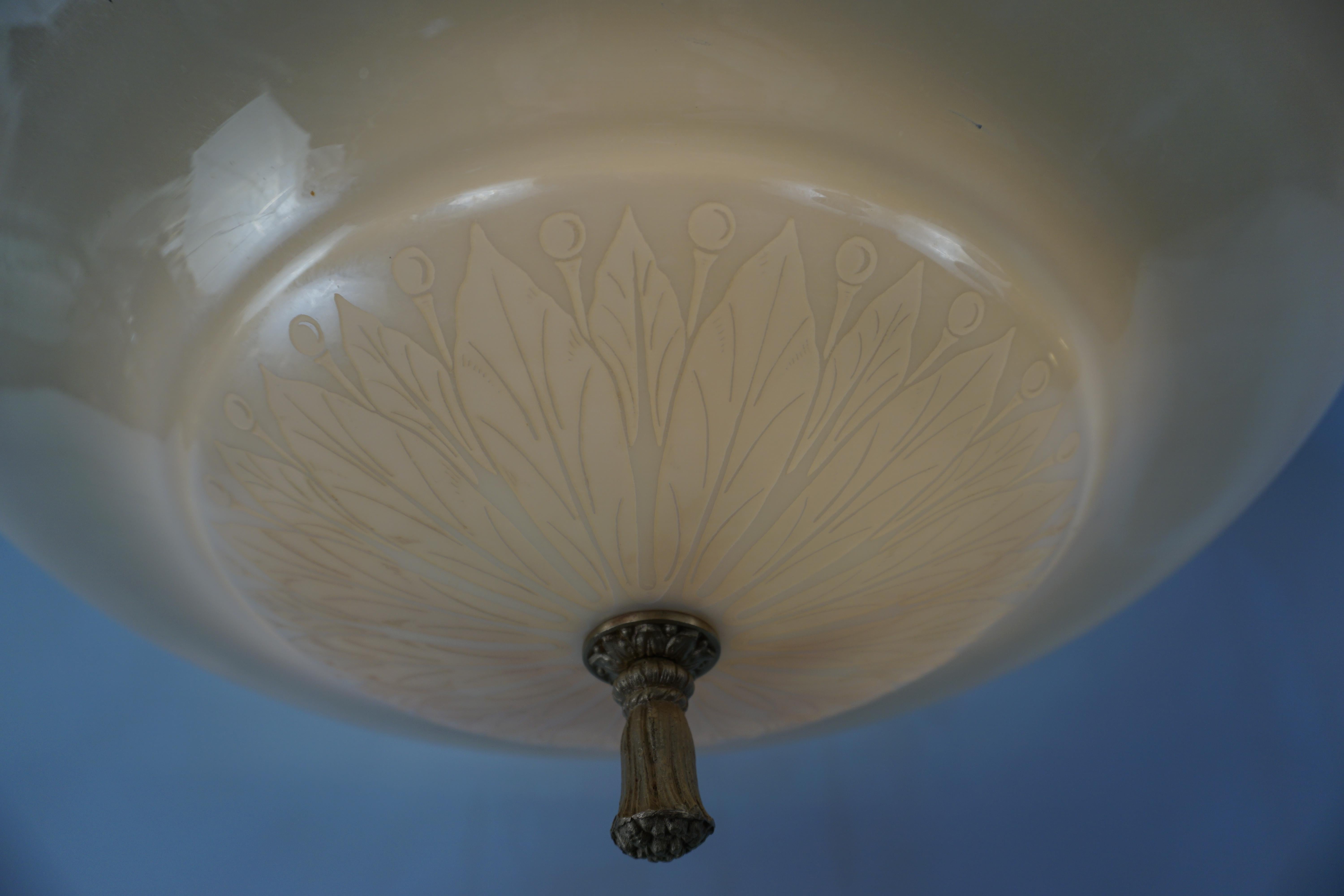 Brass Hand Blown Steuben Glass Calcite Ceiling Pendant Chandelier