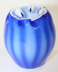Hand Blown Studio Art Glass Vase in Cobalt Blue with White Design