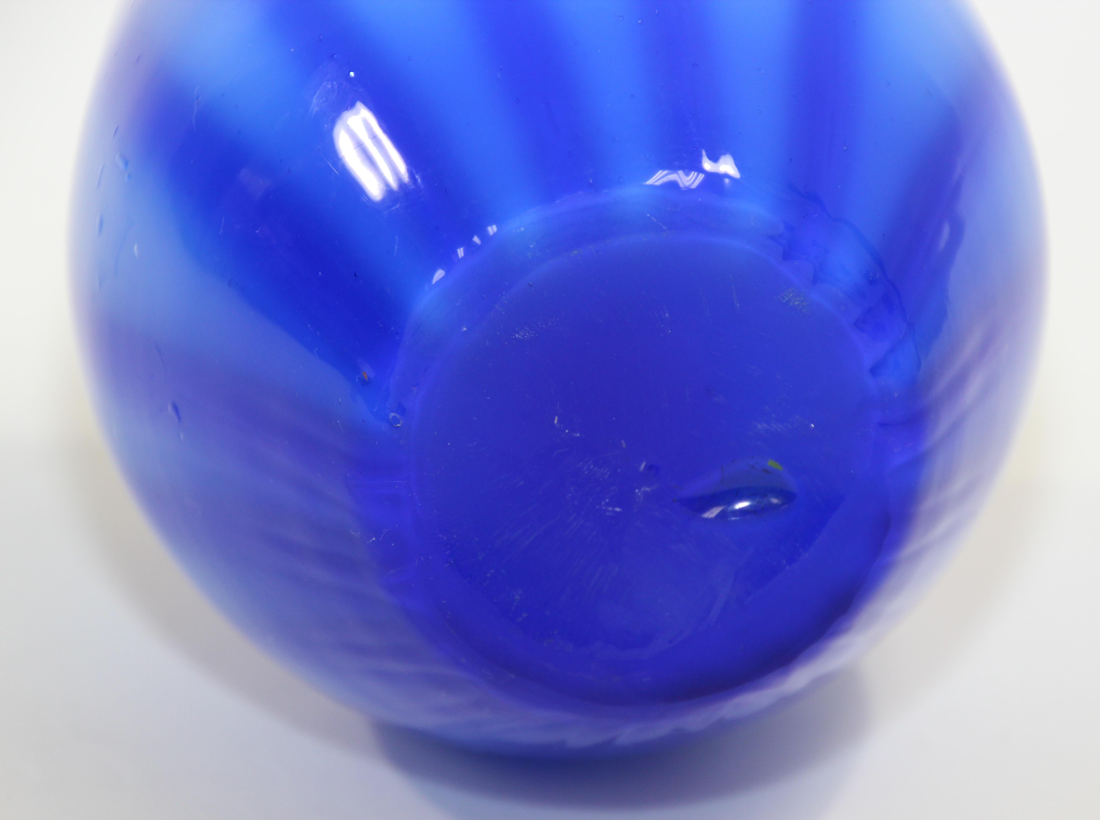Modern Hand Blown Studio Art Glass Vase in Cobalt Blue with White Design