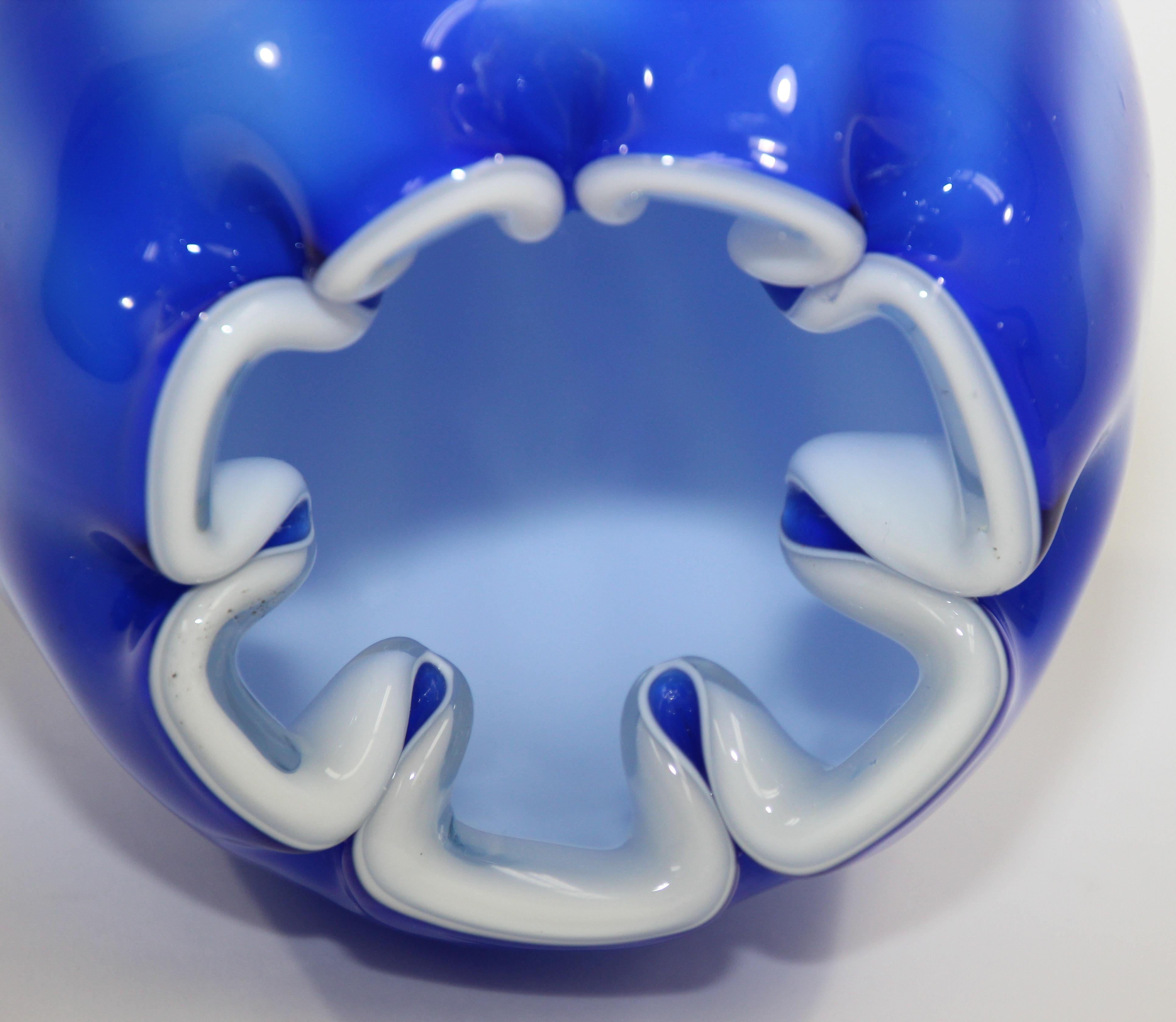 American Hand Blown Studio Art Glass Vase in Cobalt Blue with White Design