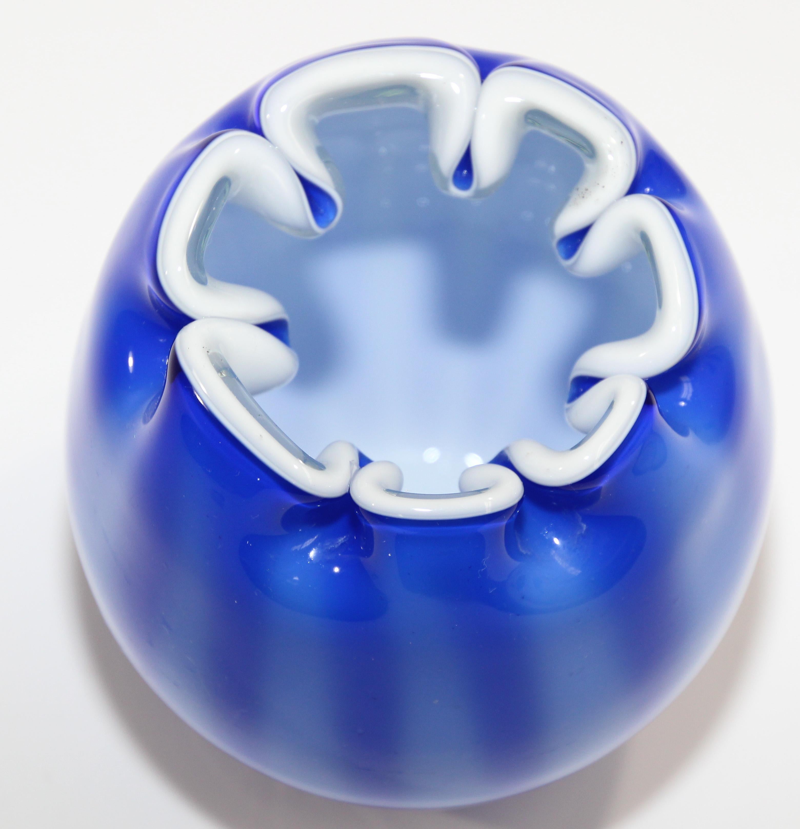 Hand-Crafted Hand Blown Studio Art Glass Vase in Cobalt Blue with White Design