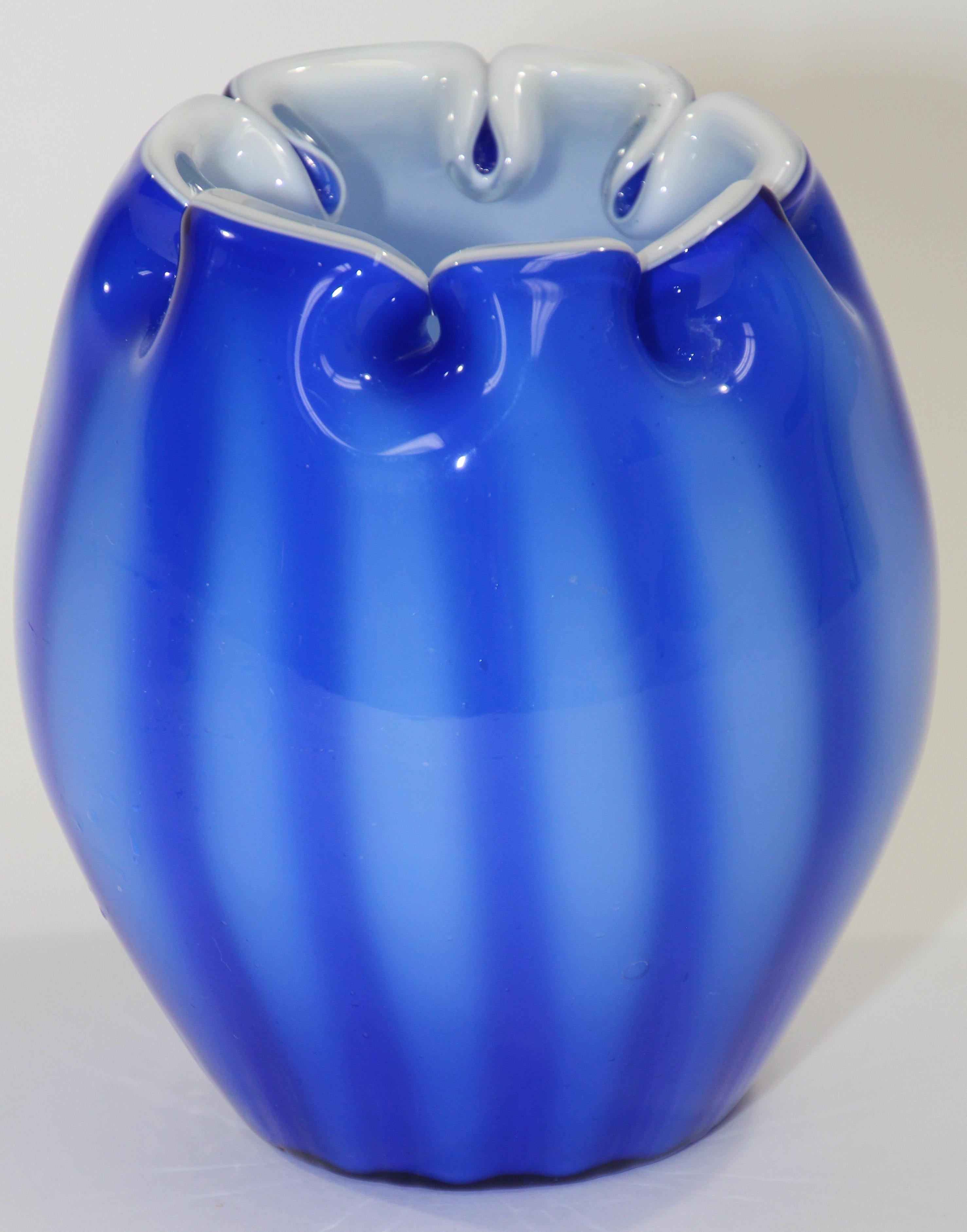 Hand Blown Studio Art Glass Vase in Cobalt Blue with White Design In Good Condition In North Hollywood, CA