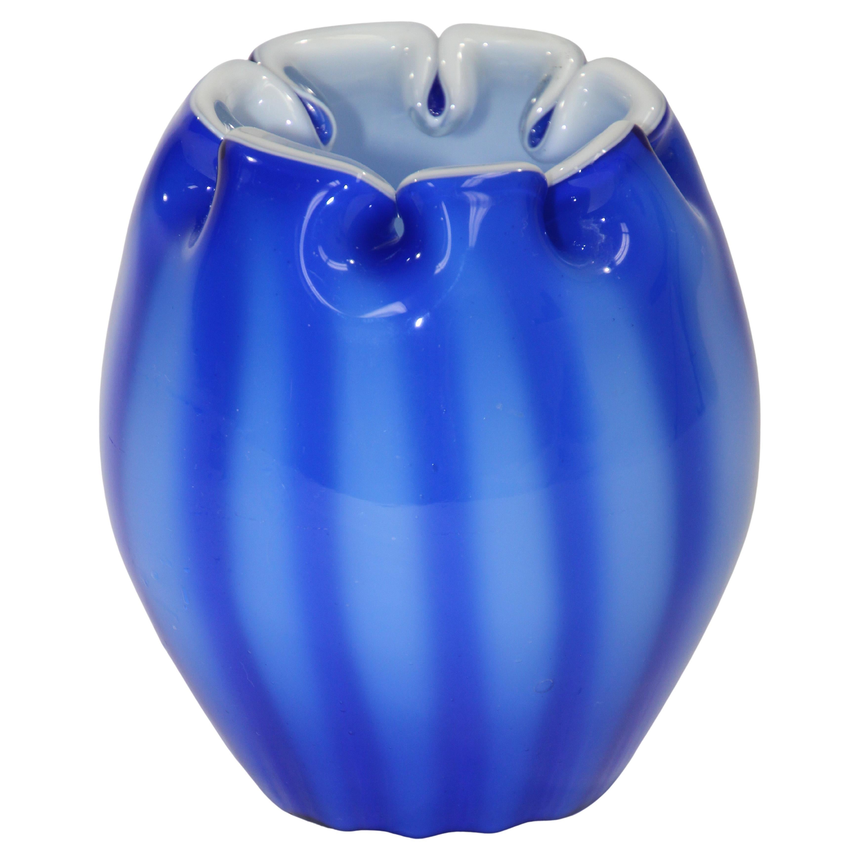 Hand Blown Studio Art Glass Vase in Cobalt Blue with White Design