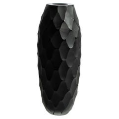 Hand Blown Tall Murano Vase Battuto in Black