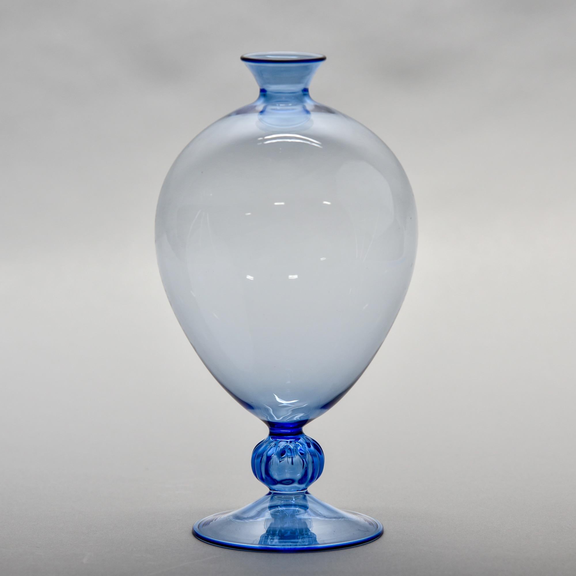 Mid-Century Modern Hand Blown Thin Walled Murano Glass Blue Vase
