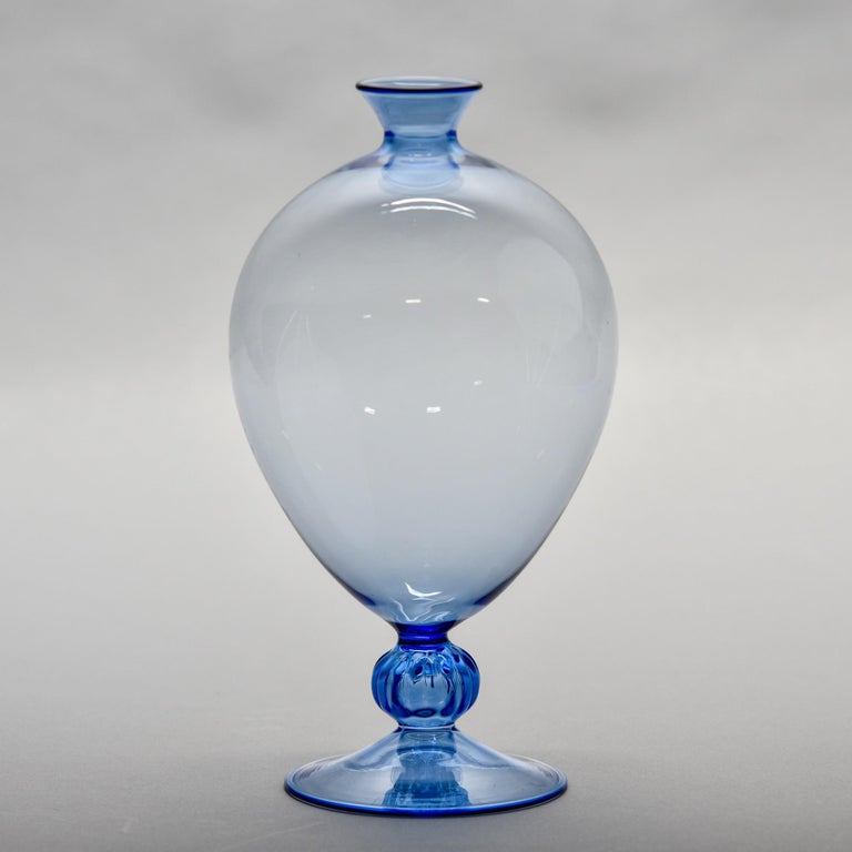 Mid-Century Modern Hand Blown Thin Walled Murano Glass Blue Vase For Sale