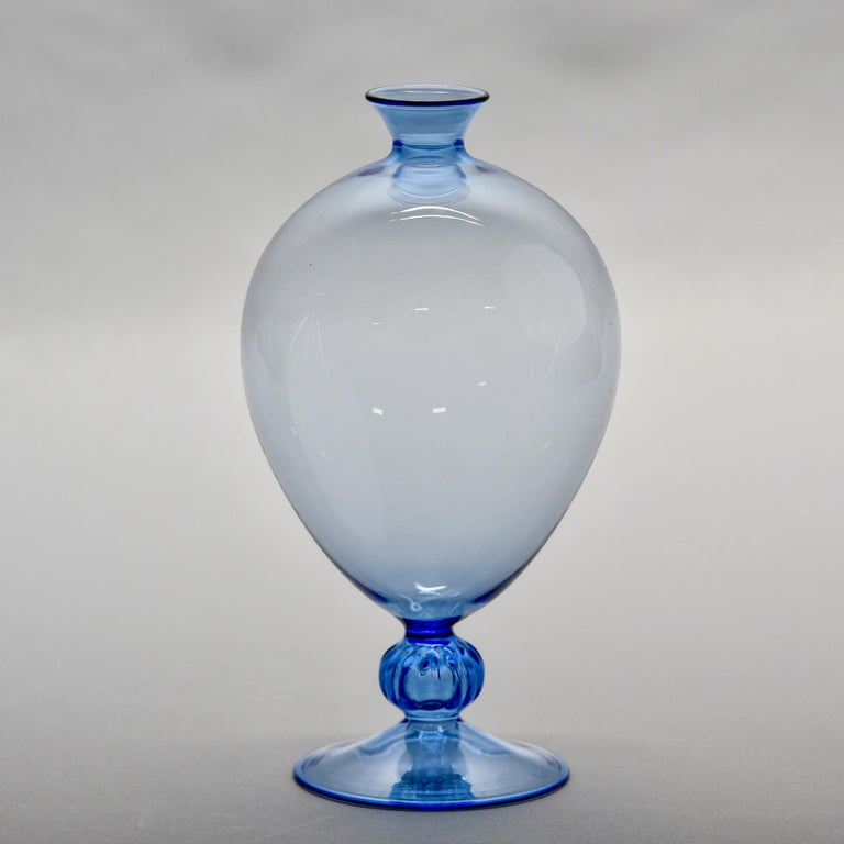 Italian Hand Blown Thin Walled Murano Glass Blue Vase For Sale