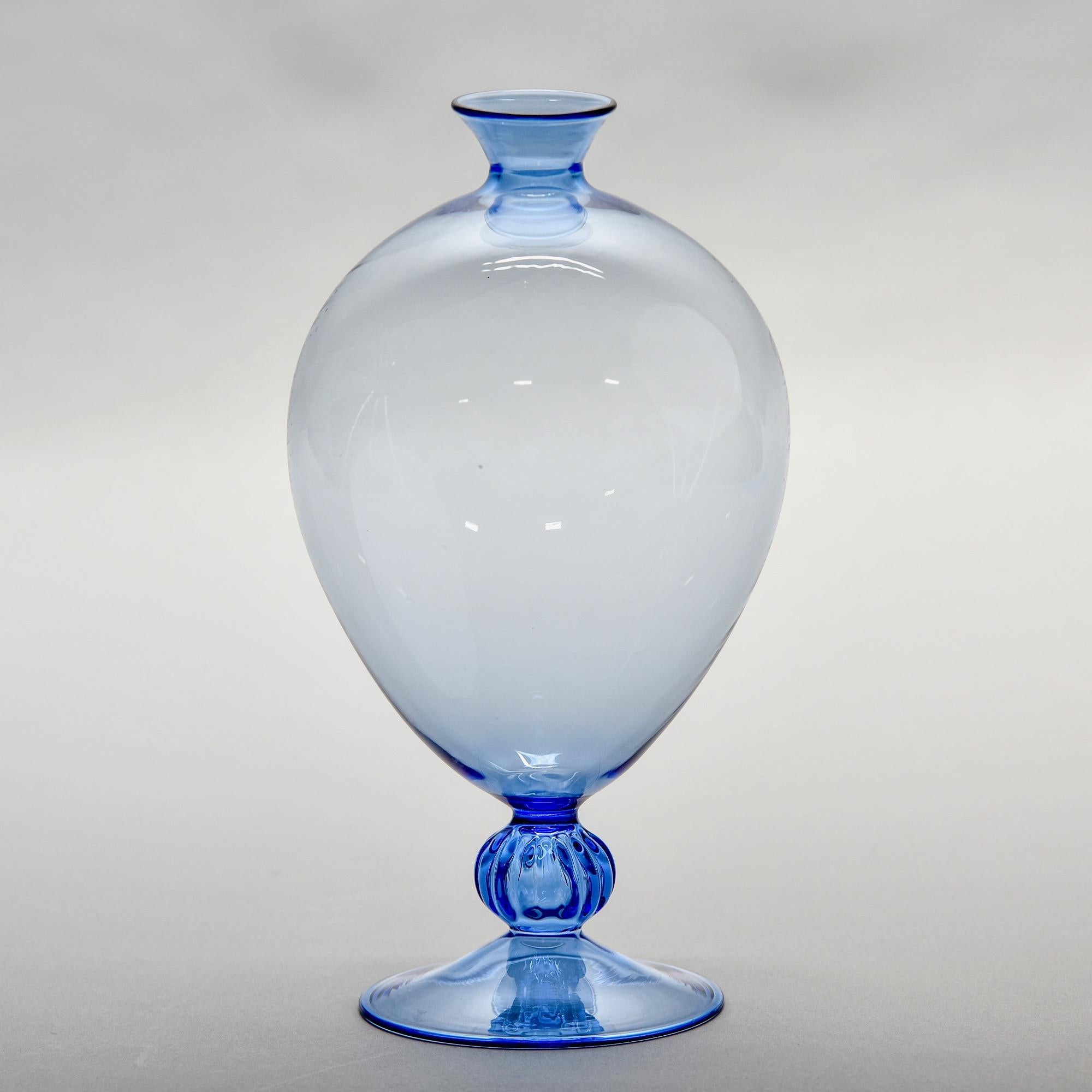 Contemporary Hand Blown Thin Walled Murano Glass Blue Vase