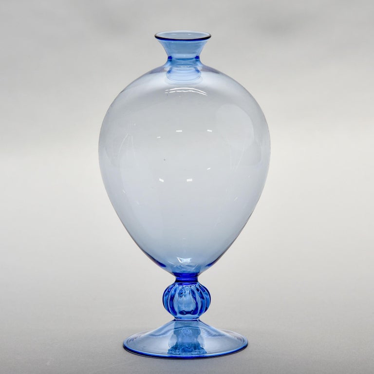 Contemporary Hand Blown Thin Walled Murano Glass Blue Vase For Sale