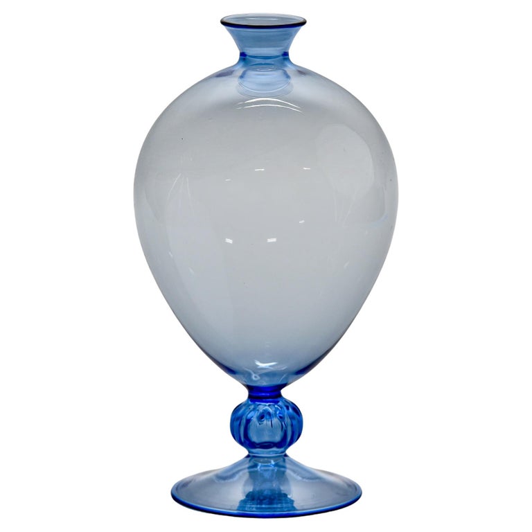 Hand Blown Thin Walled Murano Glass Blue Vase For Sale