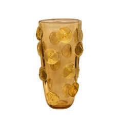 Hand Blown Topaz Murano Glass Vase With Gold Leaf Infused Raised Dot Design
