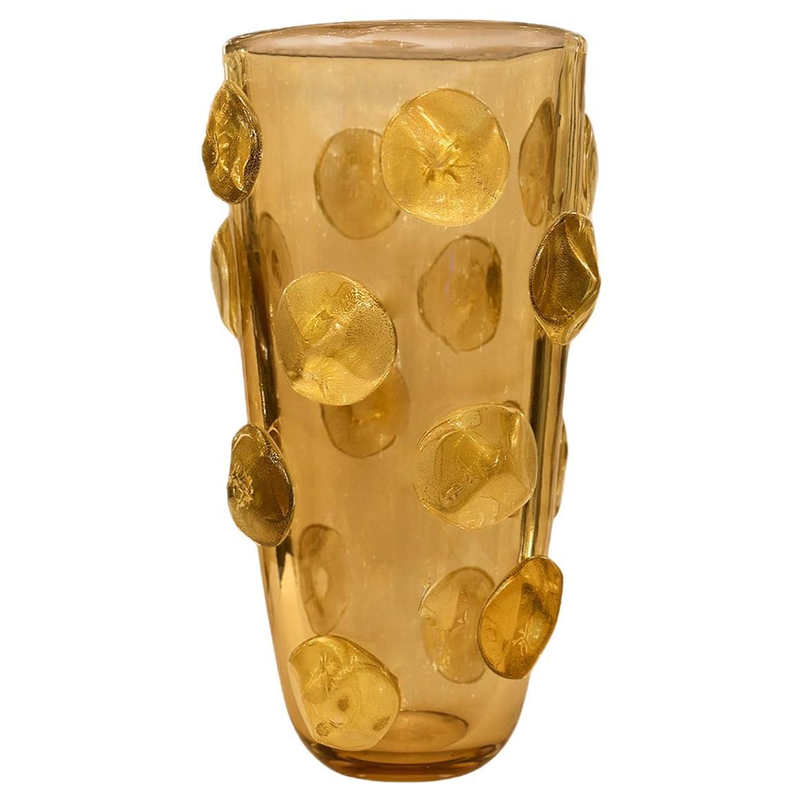 Hand Blown Topaz Murano Glass Vase With Gold Leaf Infused Raised Dot Design For Sale