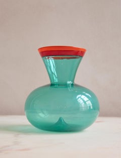 Hand-blown Turquoise Murano Vase with Red and Orange Collar, Flavio Poli, 1955