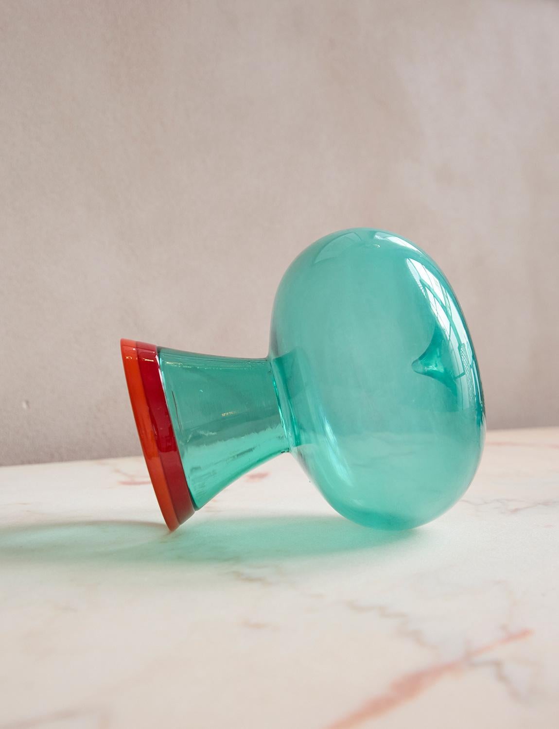Hand-blown Turquoise Murano Vase with Red and Orange Collar, Flavio Poli, 1955 In condizioni buone in vendita a Florence, Tuscany