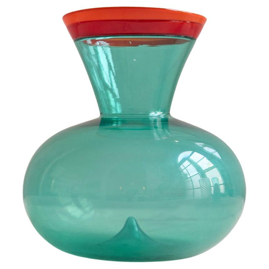 Hand-blown Turquoise Murano Vase with Red and Orange Collar, Flavio Poli, 1955 in vendita