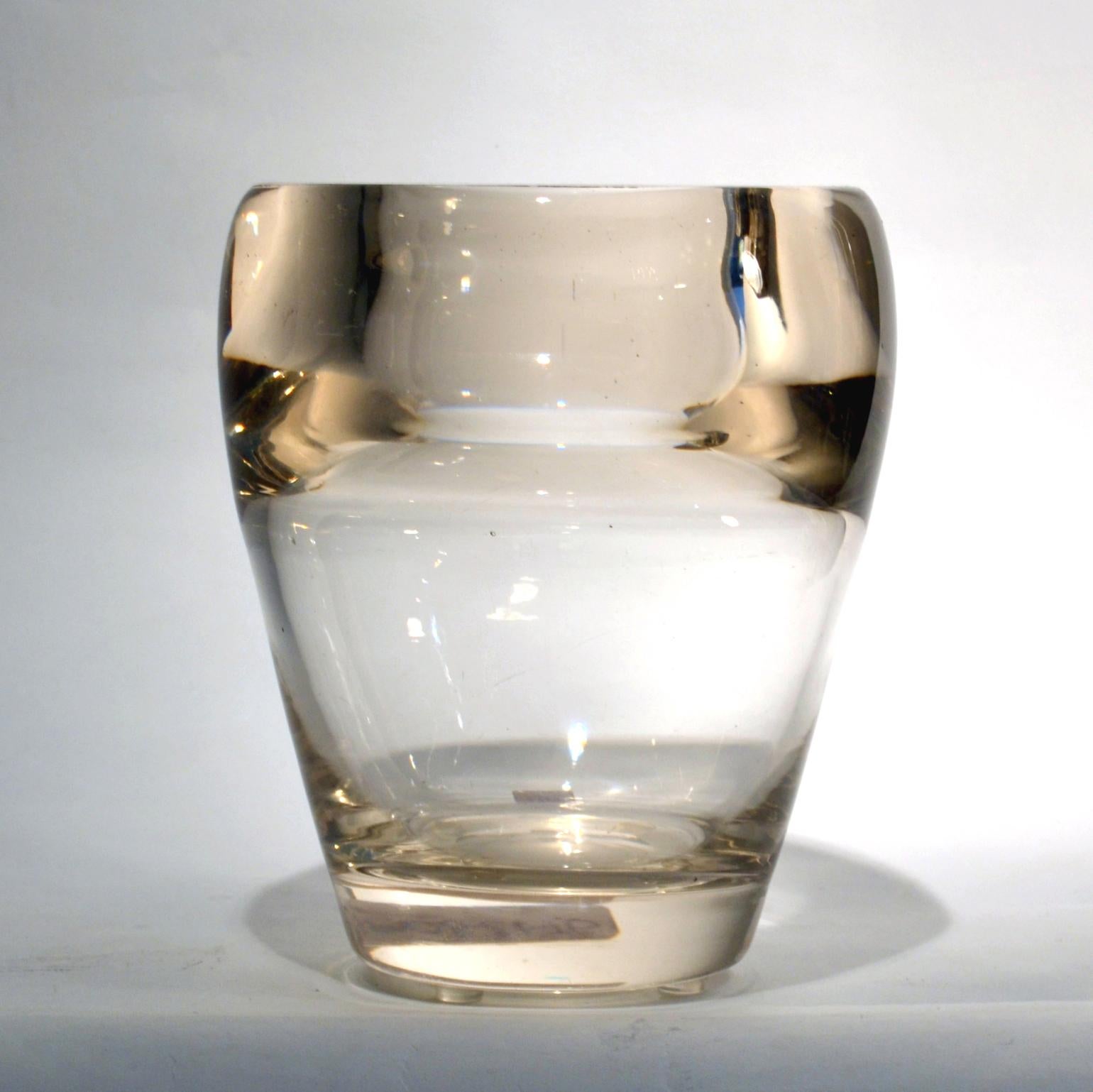 Hand blown heavy weighted vase in clear glass over flowing in lemon border by Floris Meydam, the Chief of design at Leerdam glass works, The Netherlands 1960's. The vase is marked with Acid stamp with the mention 