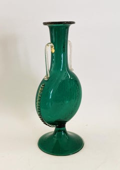 Hand-Blown Venetian Revival Murano Emerald Green Glass Vase with Applied Handles