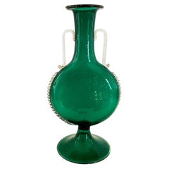 Hand-Blown Venetian Revival Murano Emerald Green Glass Vase with Applied Handles