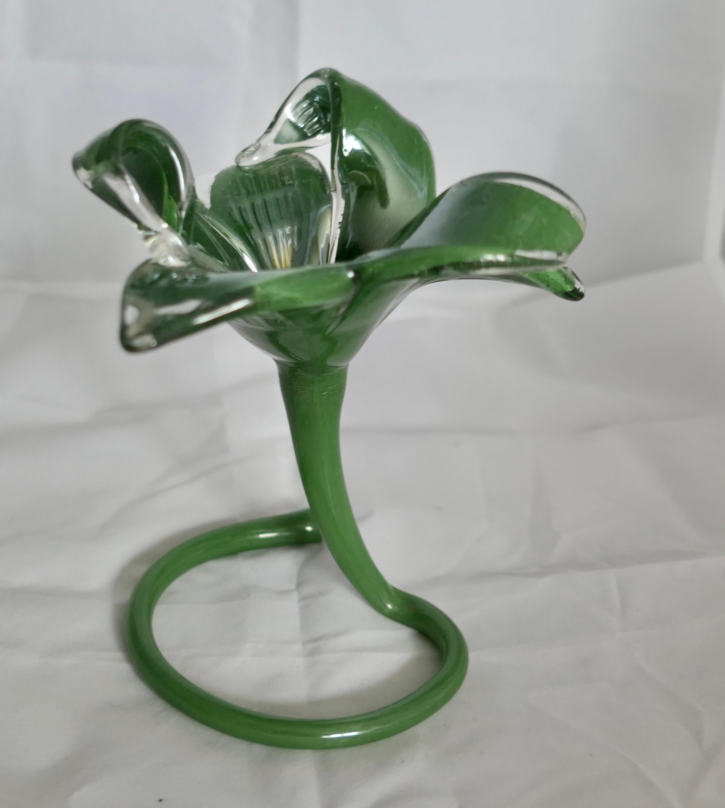 Hand Blown Vintage Murano Green Jack in the Pulpit Vase

A superb example of a Lilly or Jack in the Pulpit Vase, this one has an Amaryllis design with intricately twisted petals and a substantial twirled stem
No Chips or Cracks
The Vase is 7” tall
