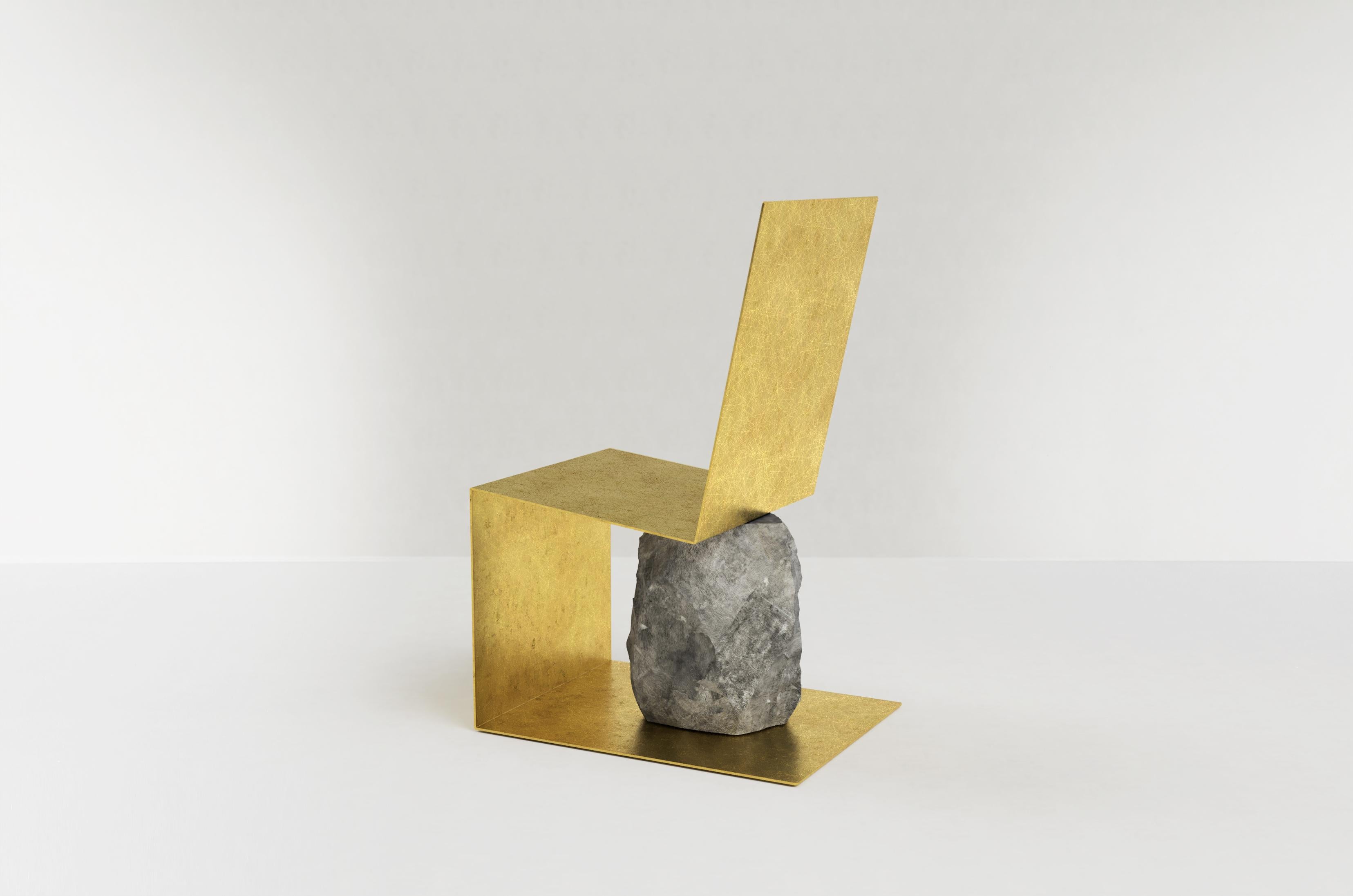 Hand brushed brass and stone chair by Batten and Kamp
Shelter to Ground collection
Signed
Limited edition of 12 + 2AP
Dimensions: W 48 x D 61 x H 95 cm
Materials: Hand brushed brass, granite

The stone is sourced first, and then the proportions of