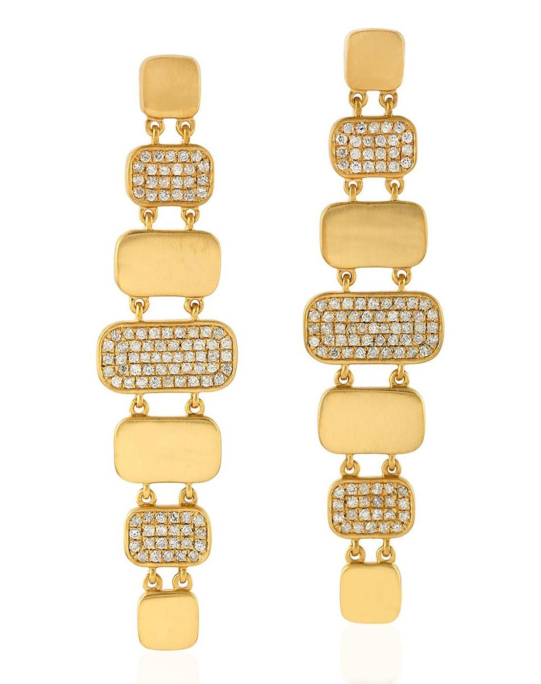 Single Cut Hand Brushed Matte 18 Karat Gold Tiered Diamond Earrings For Sale