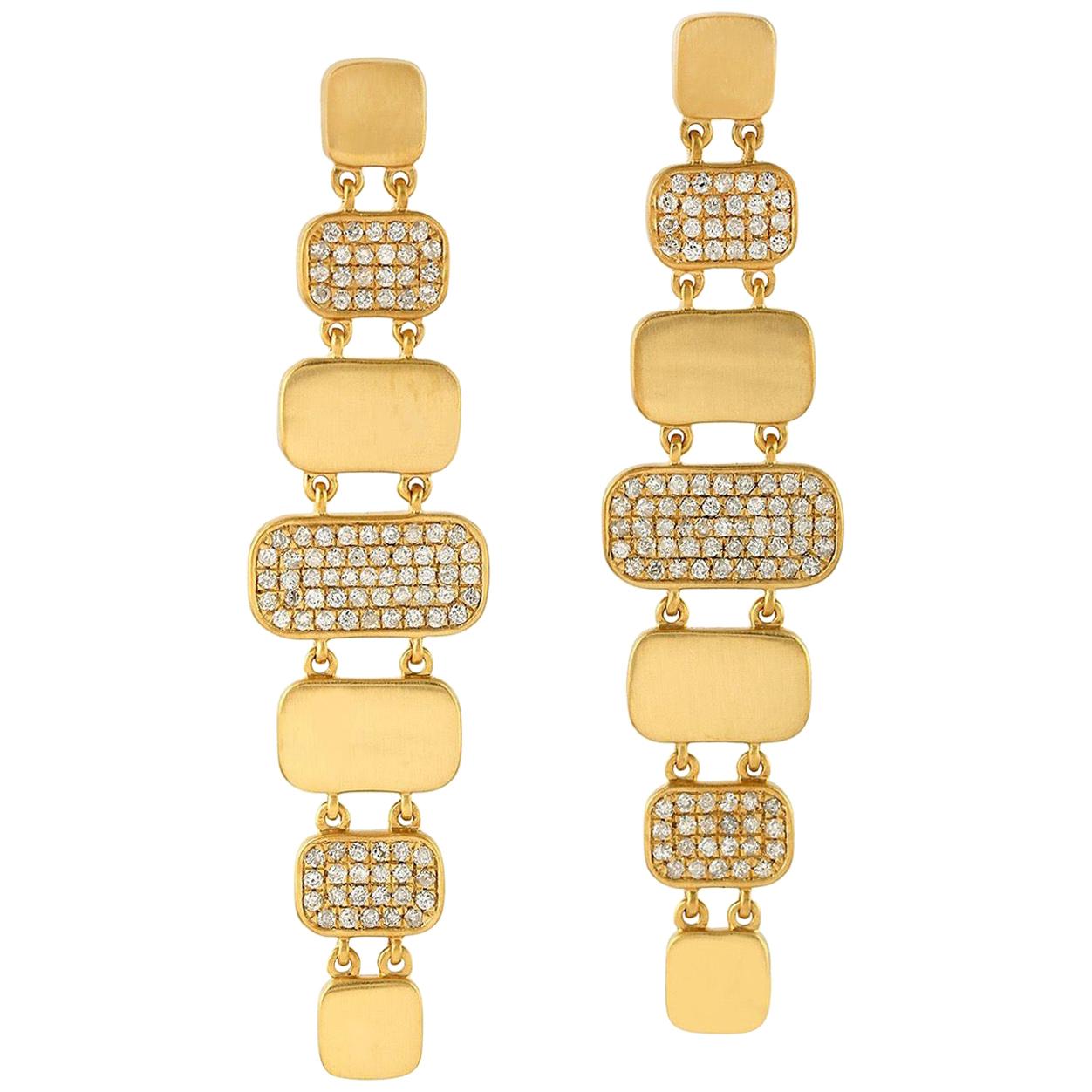 Hand Brushed Matte 18 Karat Gold Tiered Diamond Earrings For Sale