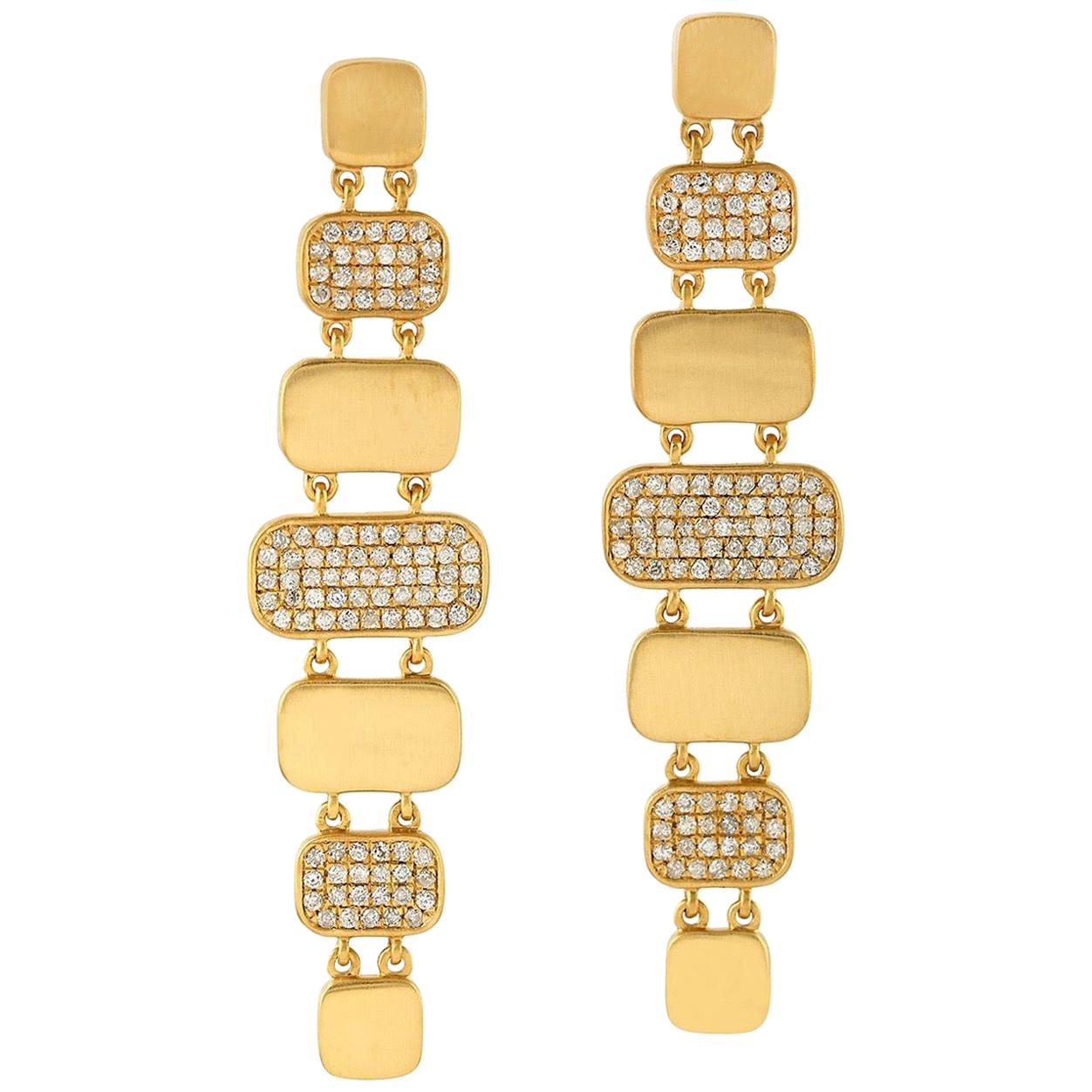 Hand Brushed Matte 18 Karat Gold Tiered Diamond Earrings