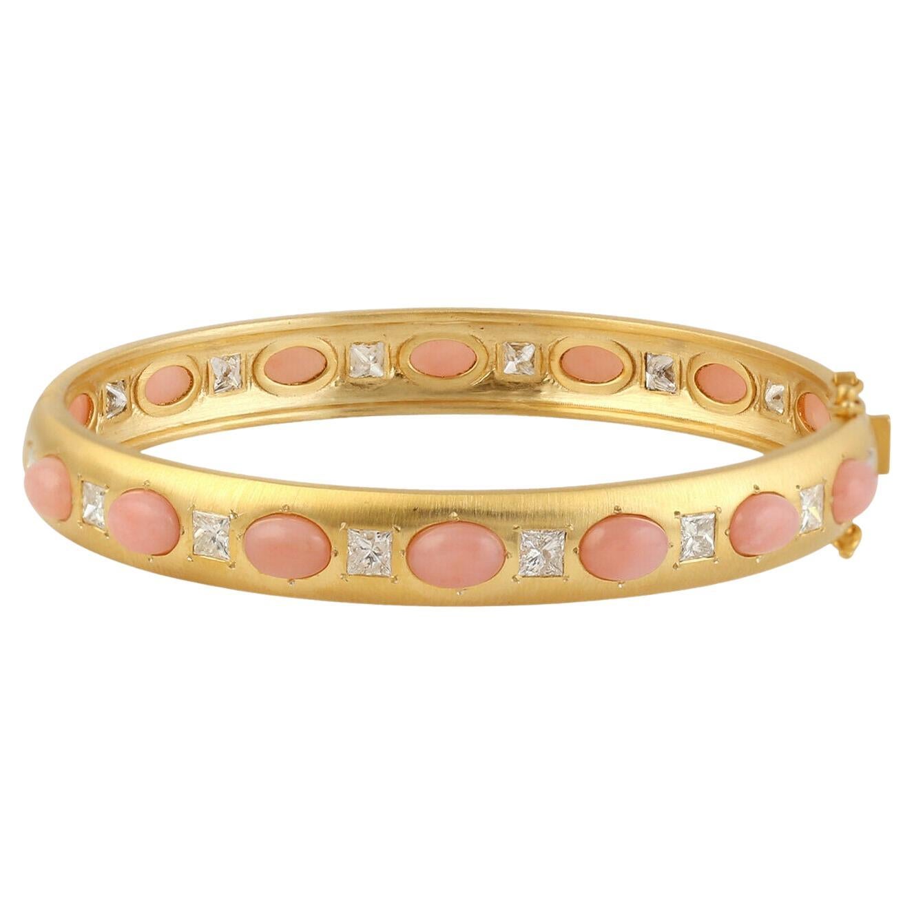 Hand Brushed Opal Diamond 14 Karat Yellow Gold Bangle Bracelet For Sale