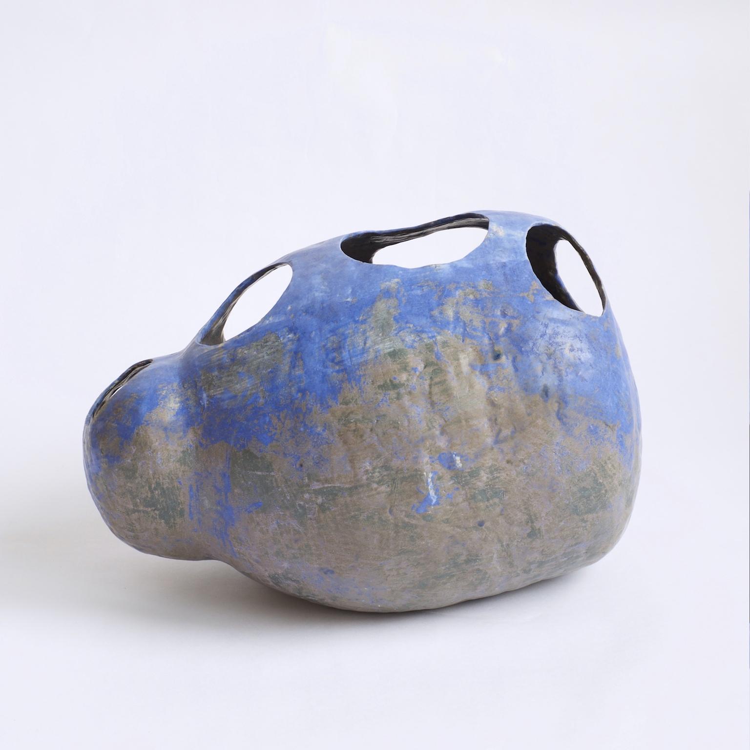 Fired Hand-Built Ceramic Contemporary Sculpture in Cobalt Blue Oxide by Yuko Nishikawa