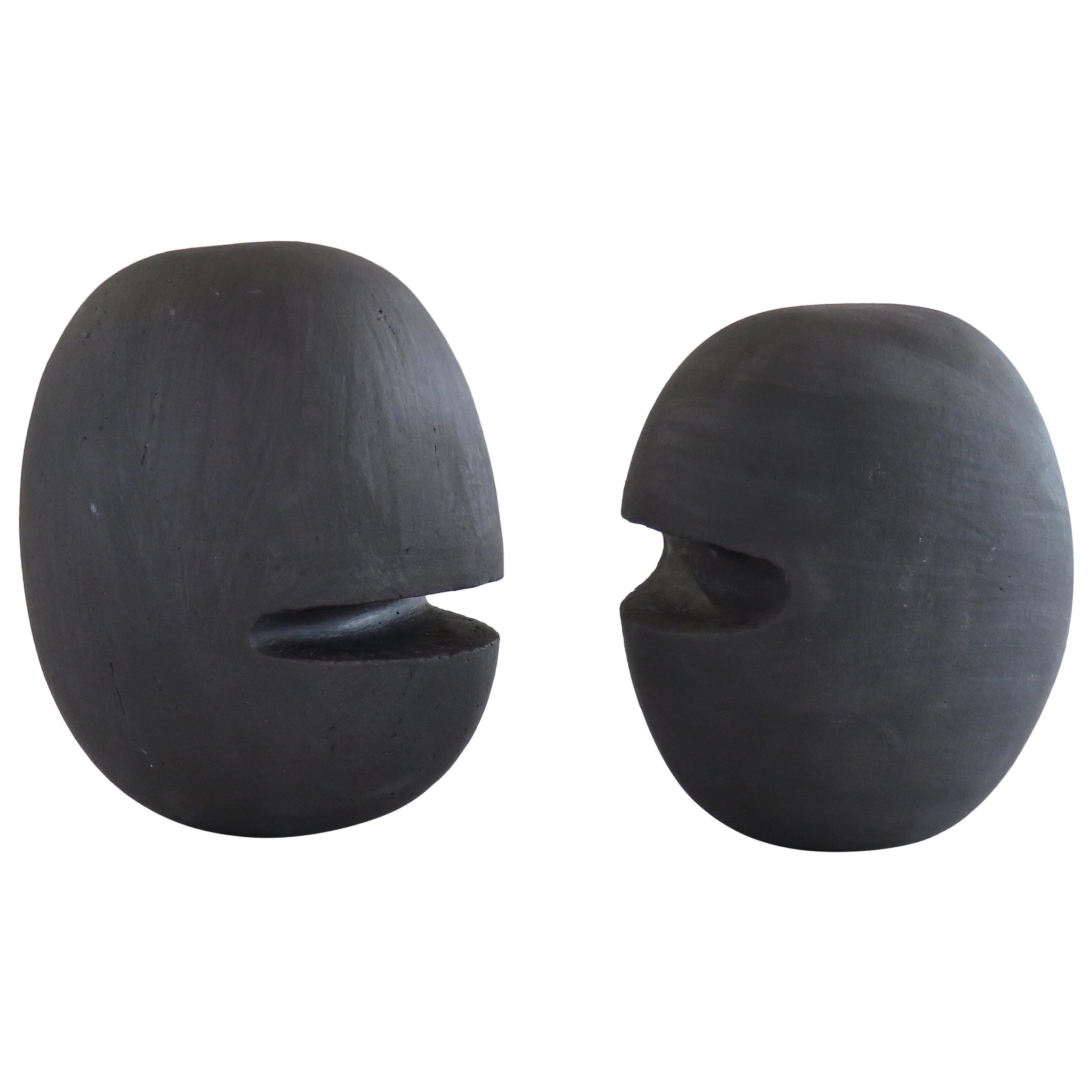 Handbuilt Ceramic Sculptural Heads "2 Heads Are Better Than..." In Black