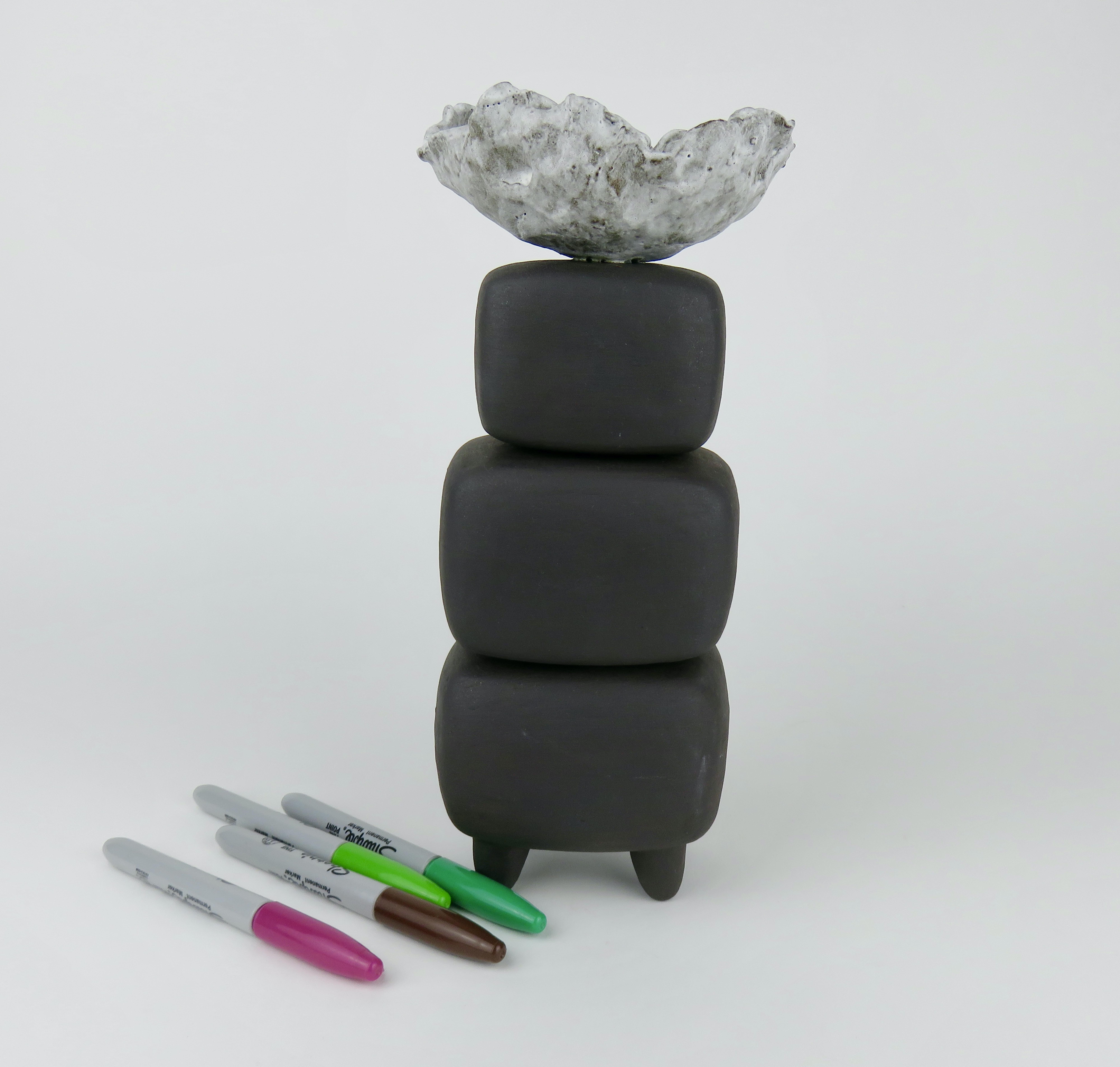 Hand Built Ceramic Sculpture, Dark Brown Stacked Cubes with White Crinkled Top 7