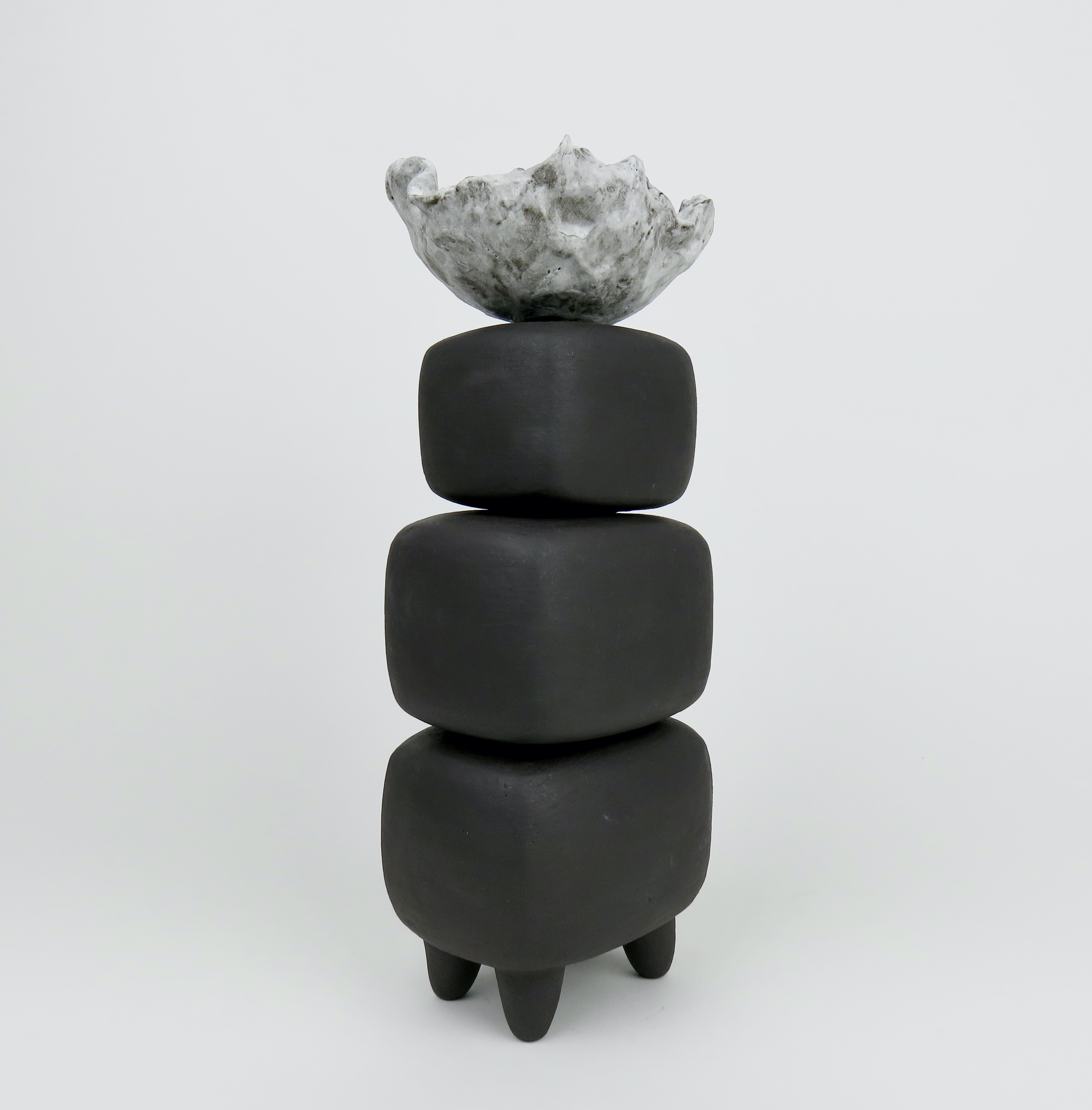 Organic Modern Hand Built Ceramic Sculpture, Dark Brown Stacked Cubes with White Crinkled Top