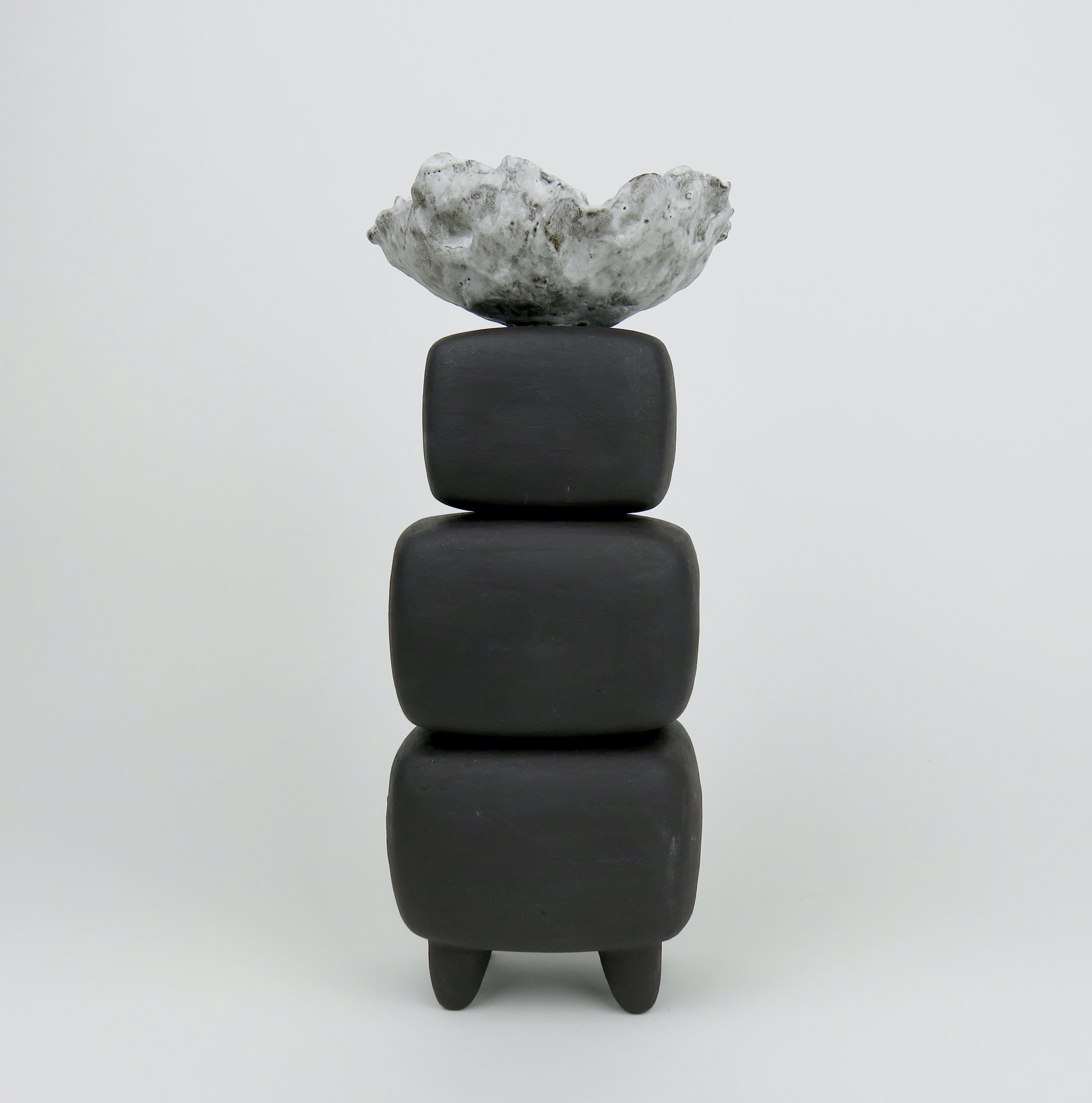 American Hand Built Ceramic Sculpture, Dark Brown Stacked Cubes with White Crinkled Top