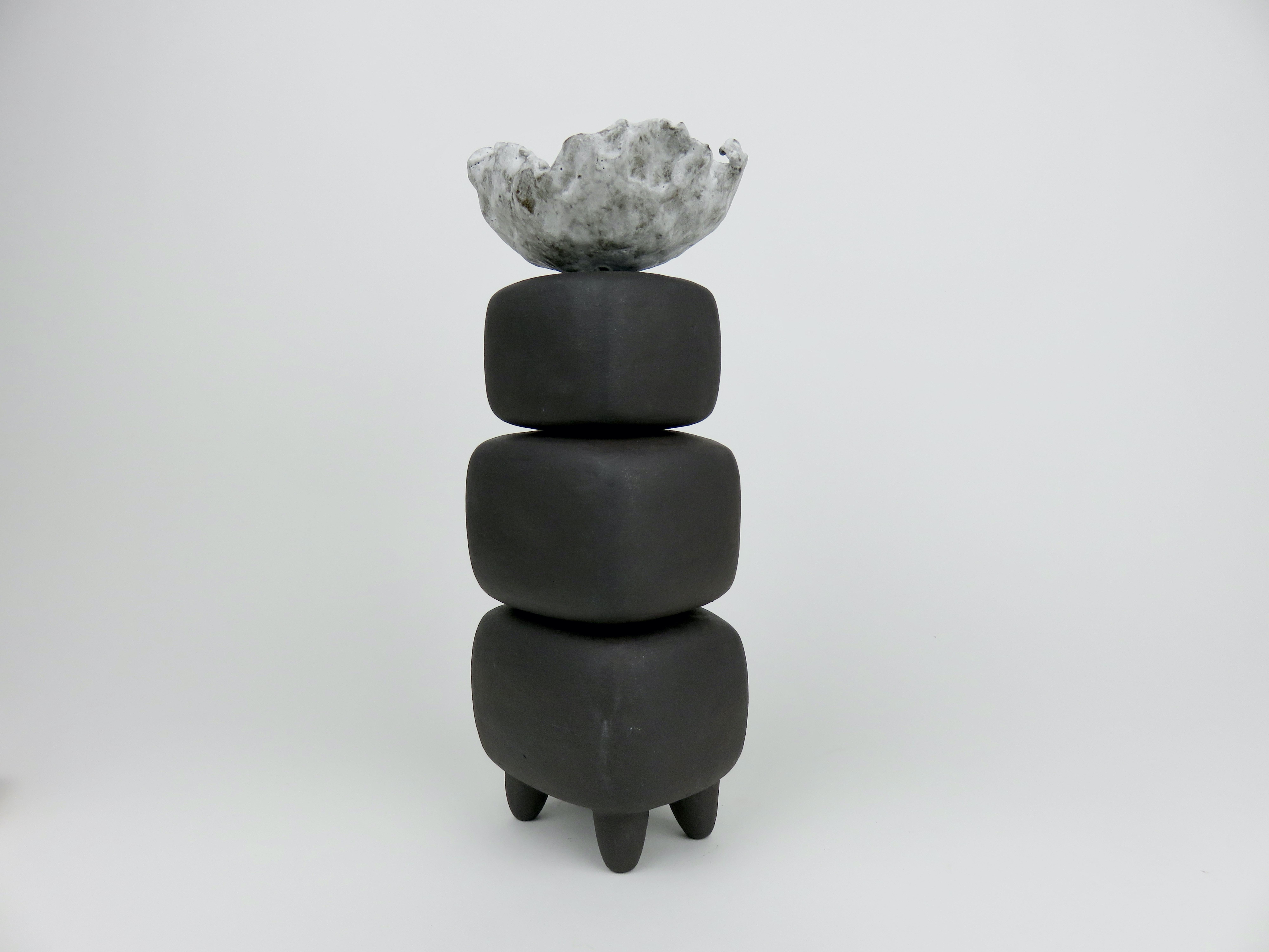 Hand-Crafted Hand Built Ceramic Sculpture, Dark Brown Stacked Cubes with White Crinkled Top