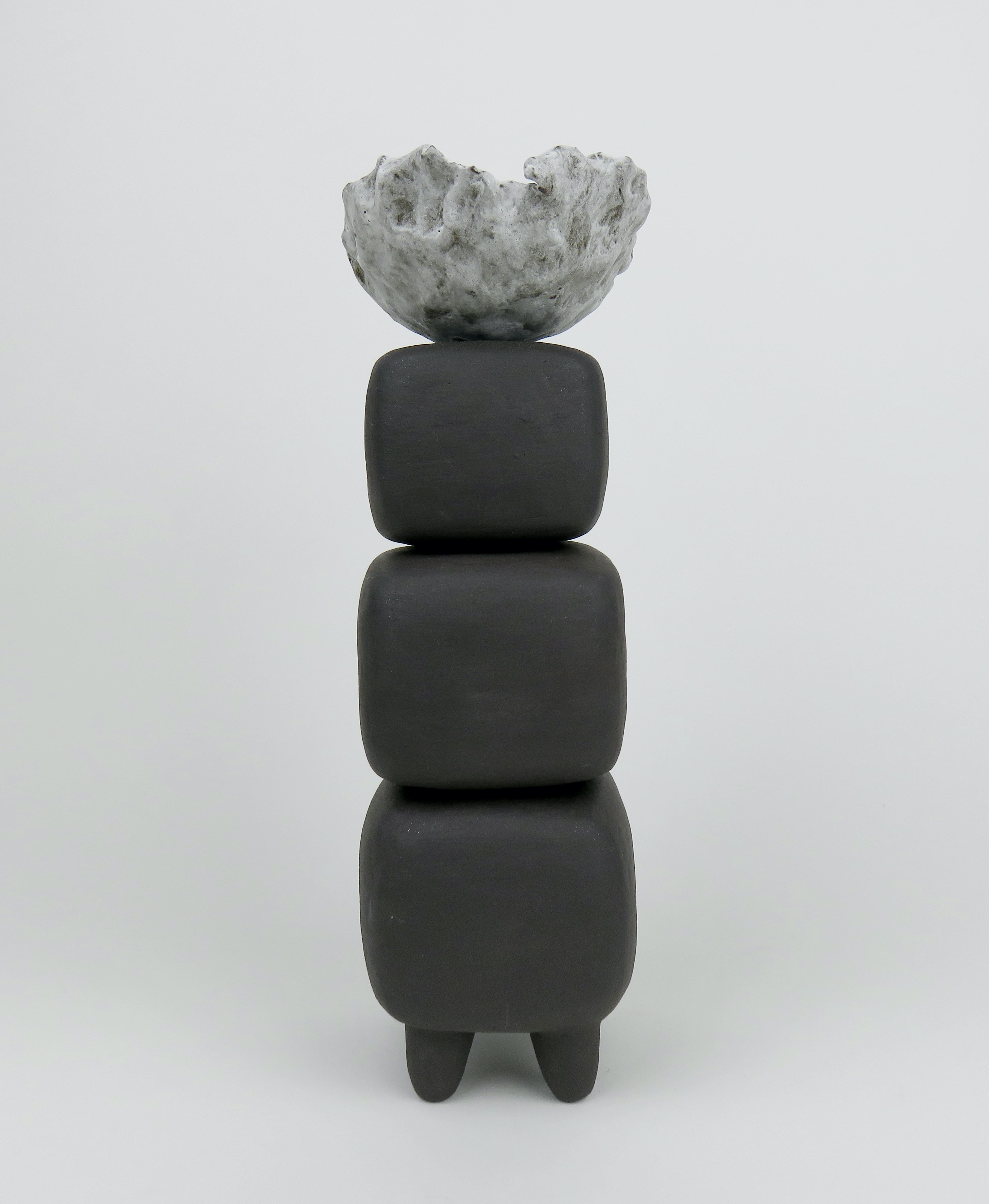 Hand Built Ceramic Sculpture, Dark Brown Stacked Cubes with White Crinkled Top In New Condition In New York, NY