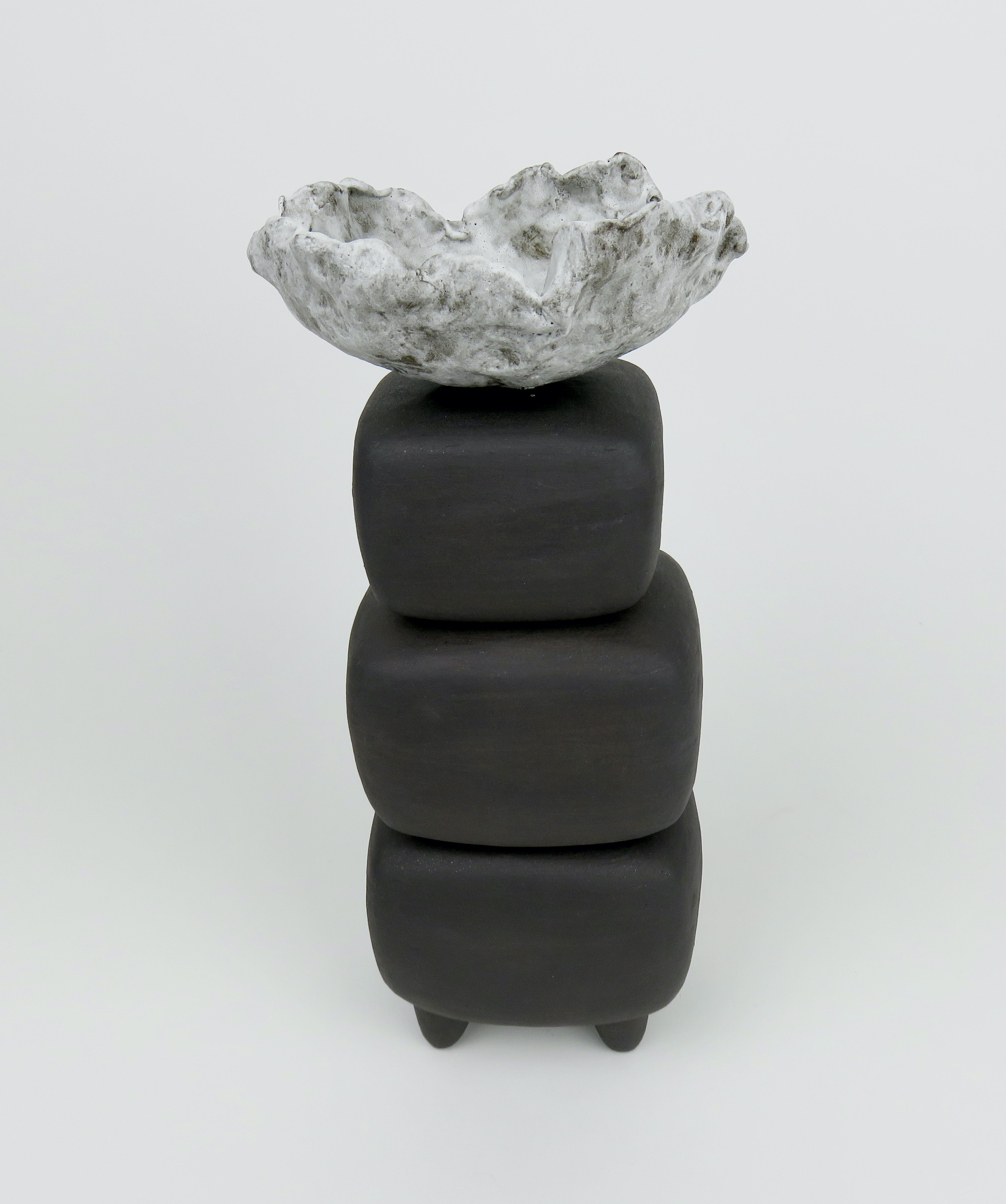 Contemporary Hand Built Ceramic Sculpture, Dark Brown Stacked Cubes with White Crinkled Top